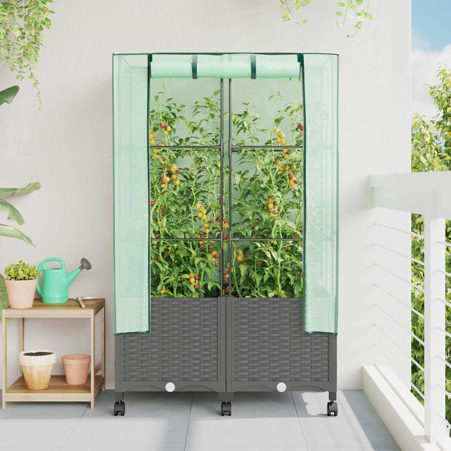 Vaso da Giardino con Copertura per Serra e Ruote 2 pz PP | homemem39