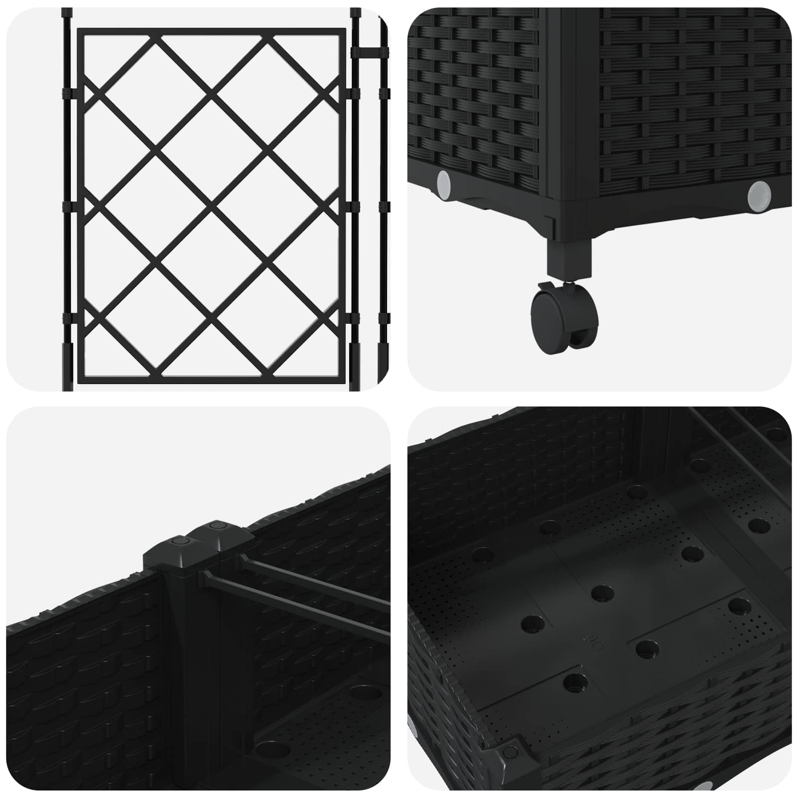 Vaso da giardino con grigliato e ruote 2 pz Nero PP | homemem39