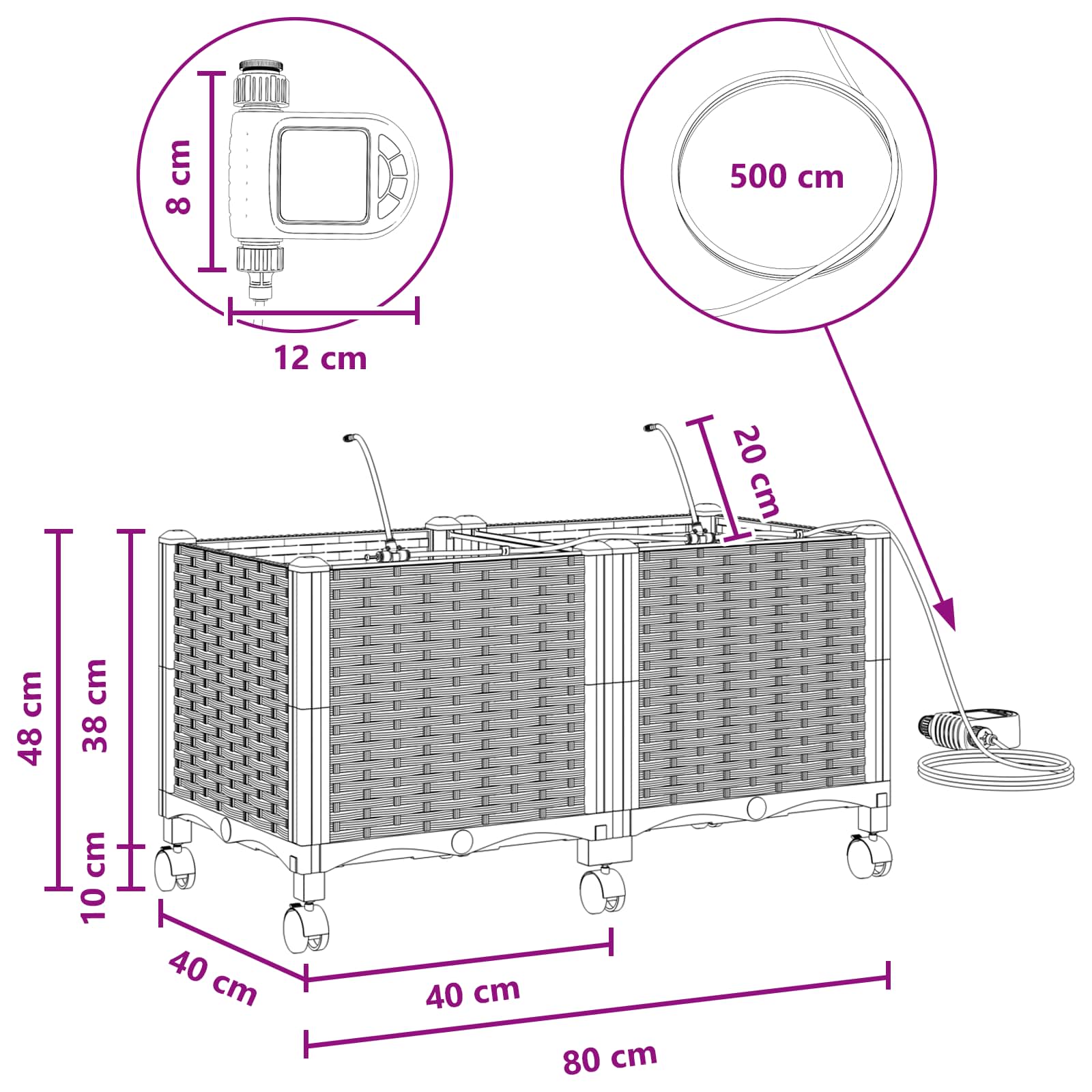 Vaso da Giardino con Irrigazione e Ruote 2 pz Nero PP | homemem39