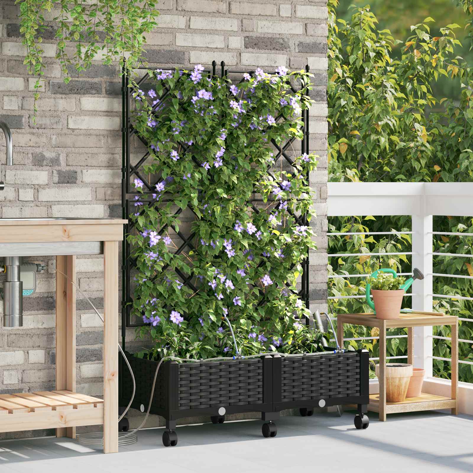 Vaso da Giardino con Irrigazione e Ruote 2 pz Nero PP | homemem39