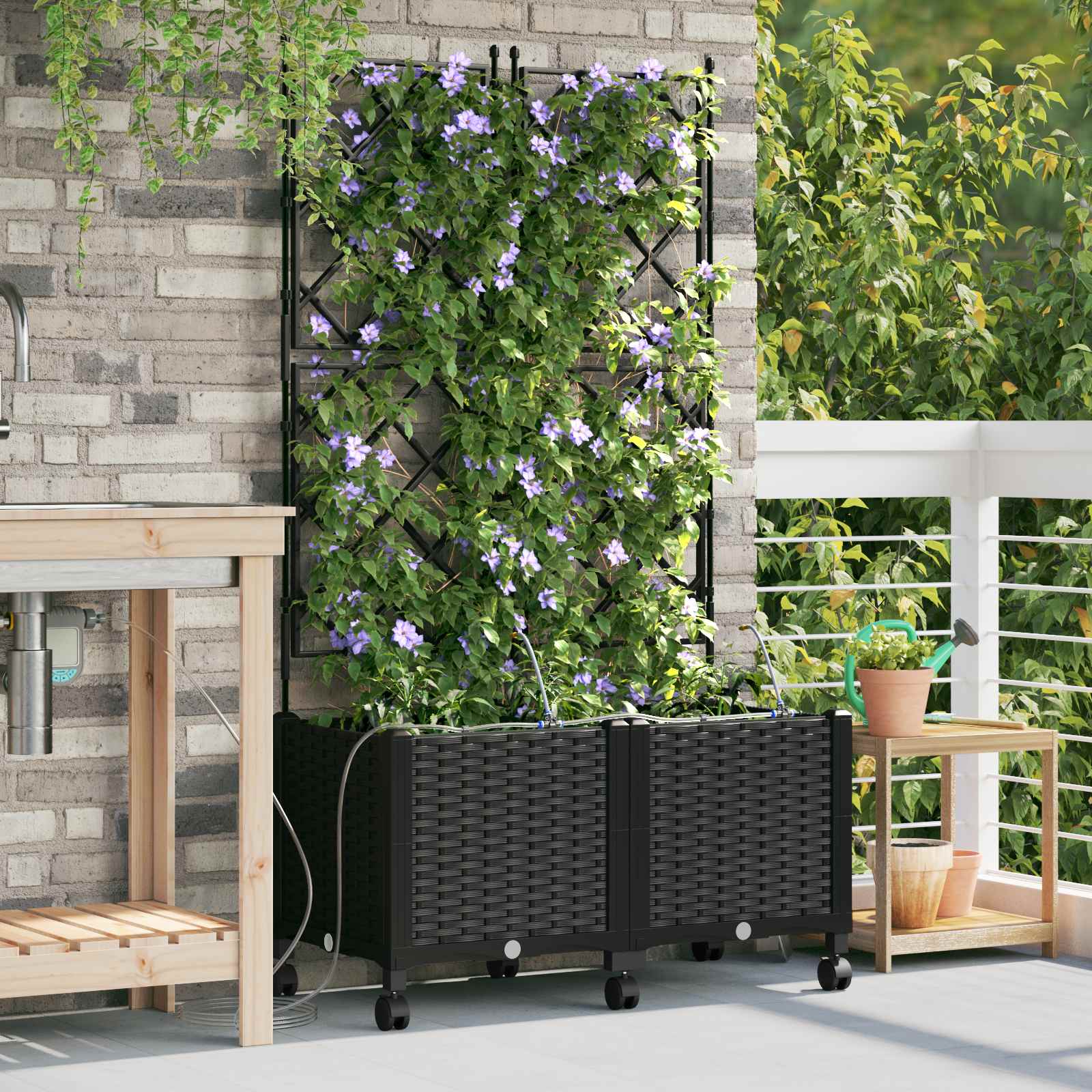 Vaso da Giardino con Irrigazione e Ruote 2 pz Nero PP | homemem39