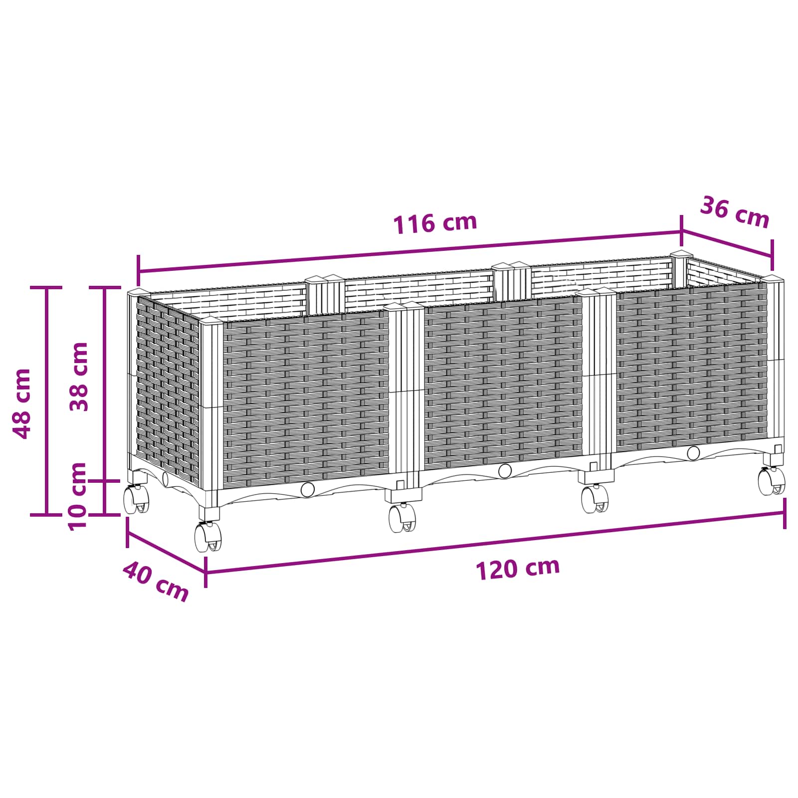 Vaso da Giardino con Ruote Marrone 120 x 40 x 44 cm PP | homemem39