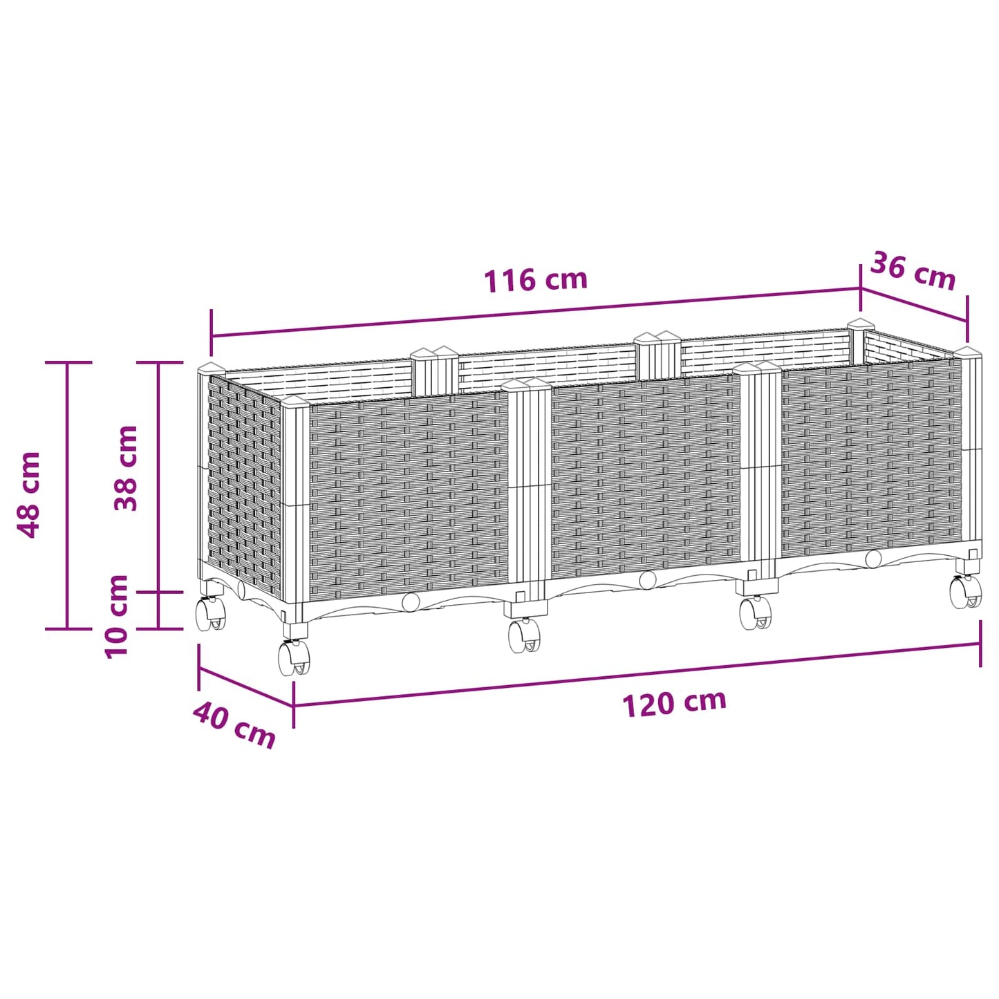 Vaso da Giardino con Ruote Bianco 120 x 40 x 48 cm PP | homemem39