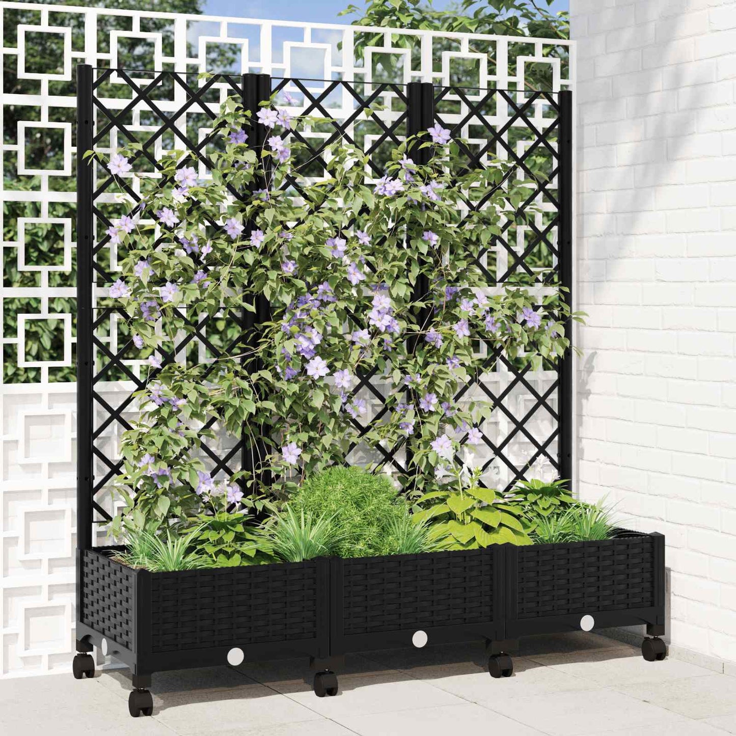 Vaso da giardino con grigliato e ruote Nero 120 x 40 x 131,5 cm | homemem39