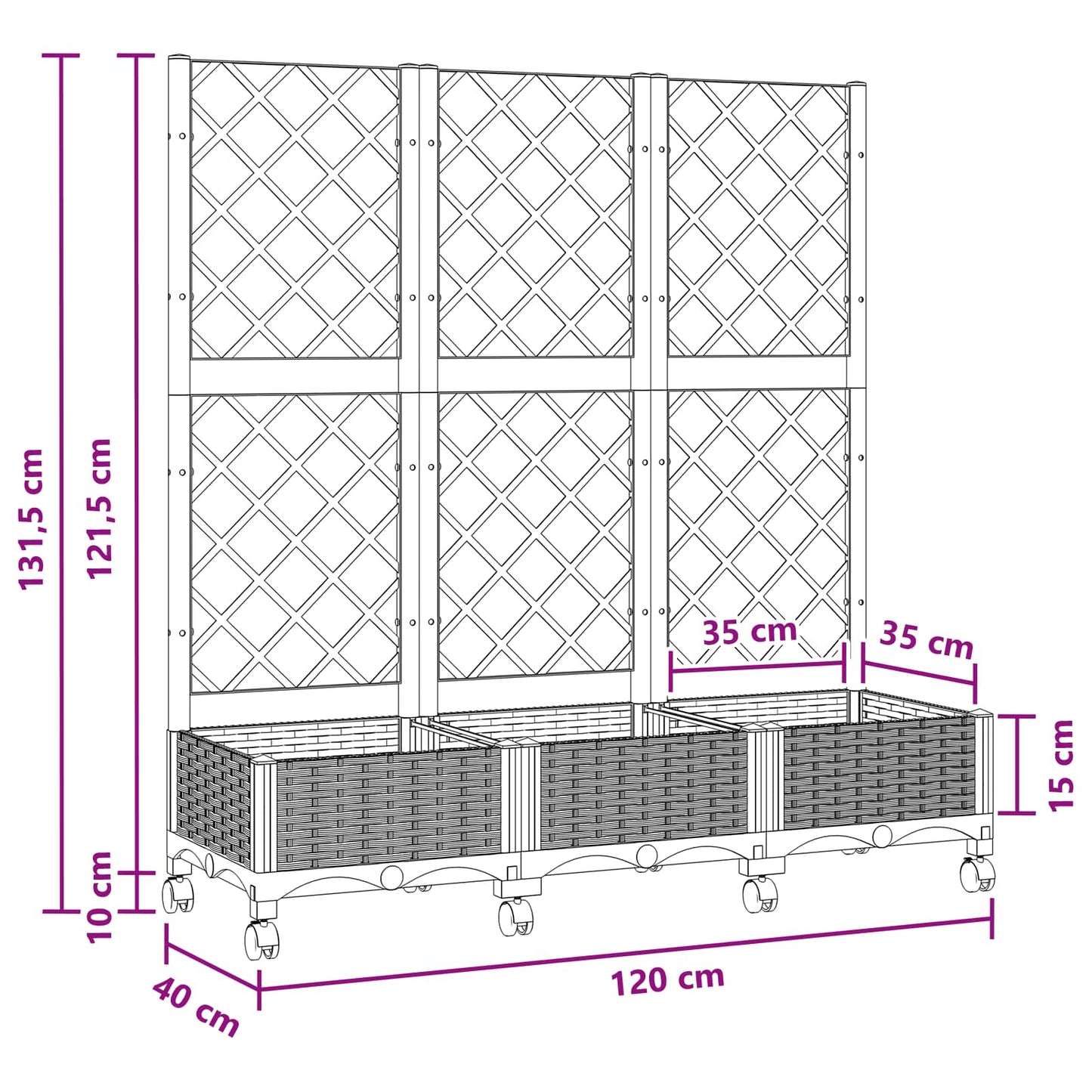 Vaso da giardino con grigliato e ruote Nero 120 x 40 x 131,5 cm | homemem39