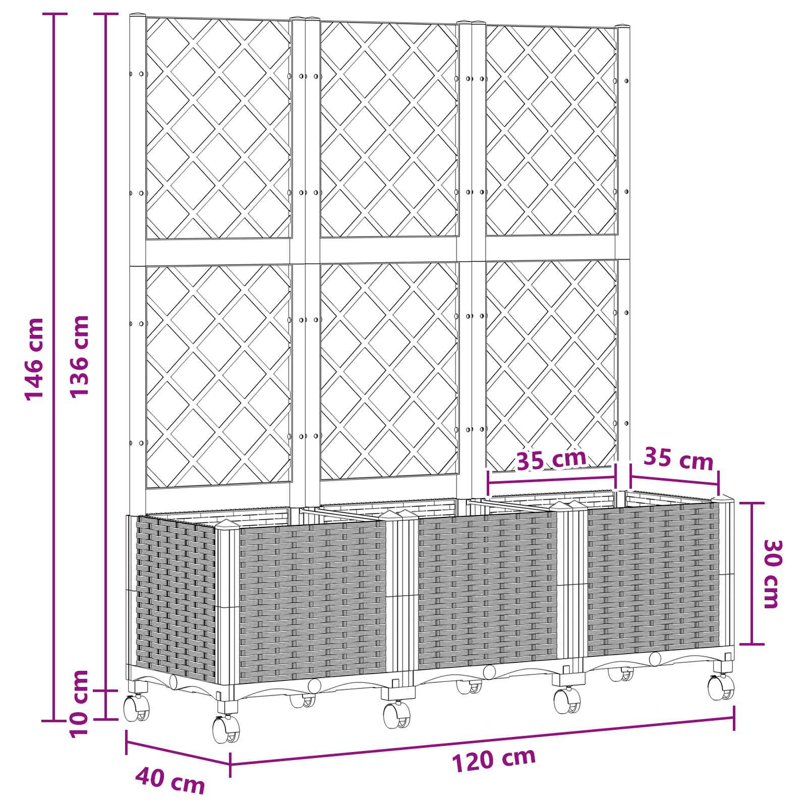 Vaso da giardino con grigliato e ruote Nero 120 x 40 x 146 cm | homemem39