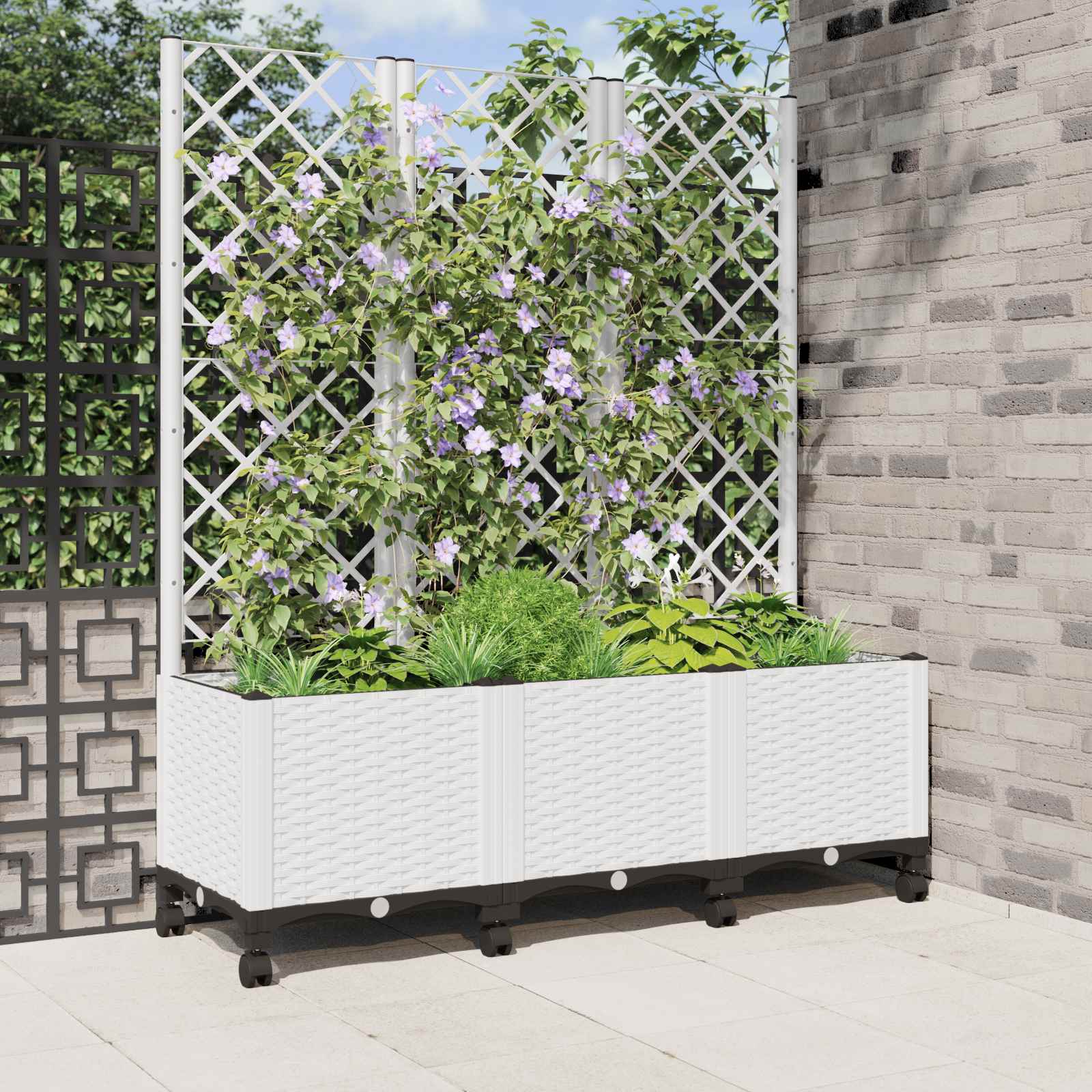 Vaso da giardino con grigliato e ruote Bianco 120 x 40 x 146 cm | homemem39