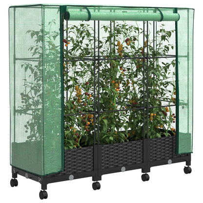 Vaso da Giardino con Copertura per Serra e Ruote 3 pz Nero PP | homemem39