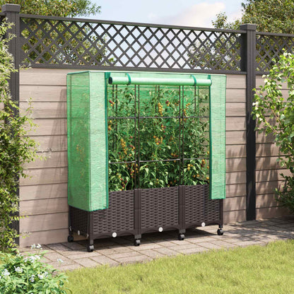 Vaso da Giardino con Copertura per Serra e Ruote 3 pz Marrone | homemem39