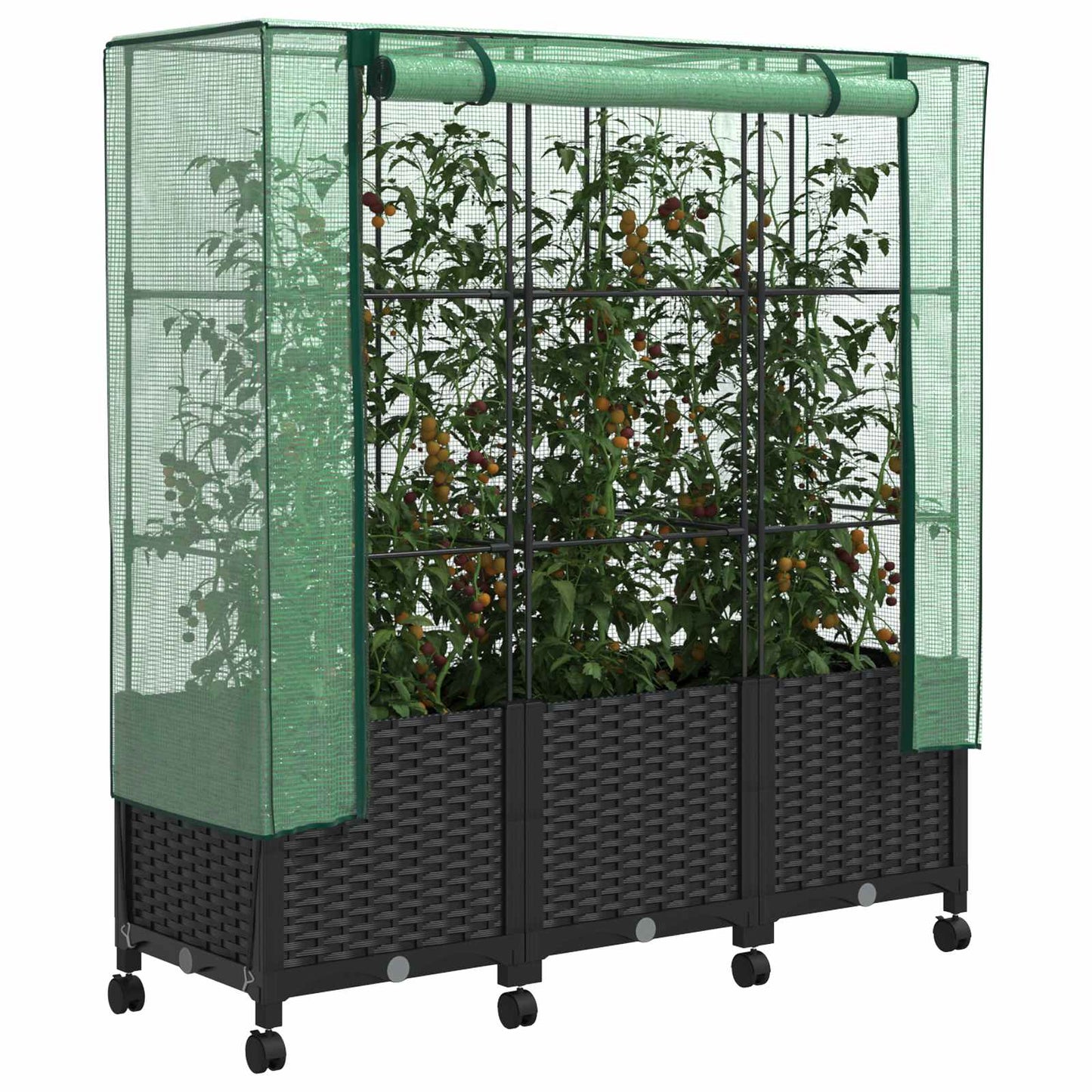 Vaso da Giardino con Copertura per Serra e Ruote 3 pz Nero PP | homemem39