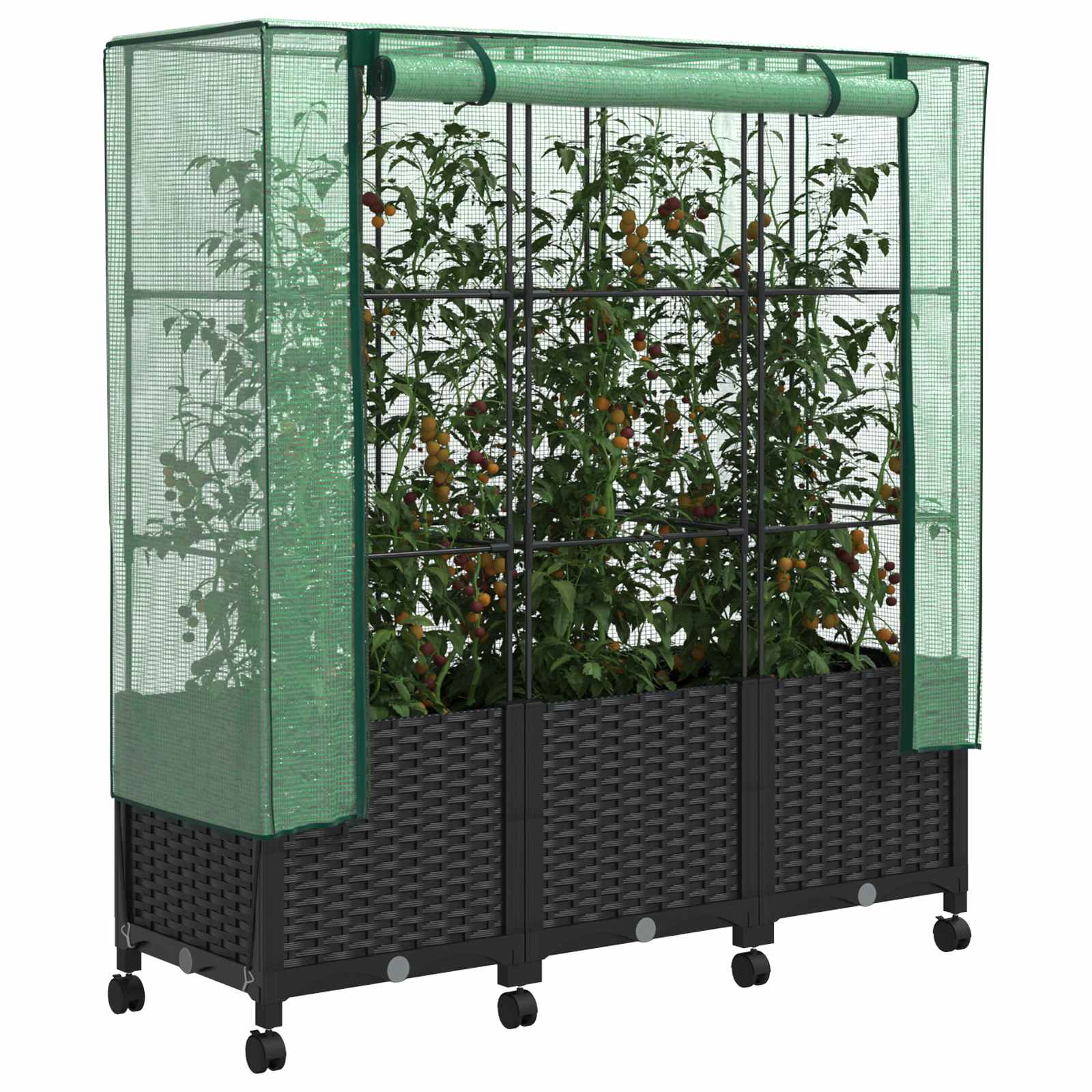 Vaso da Giardino con Copertura per Serra e Ruote 3 pz Nero PP | homemem39