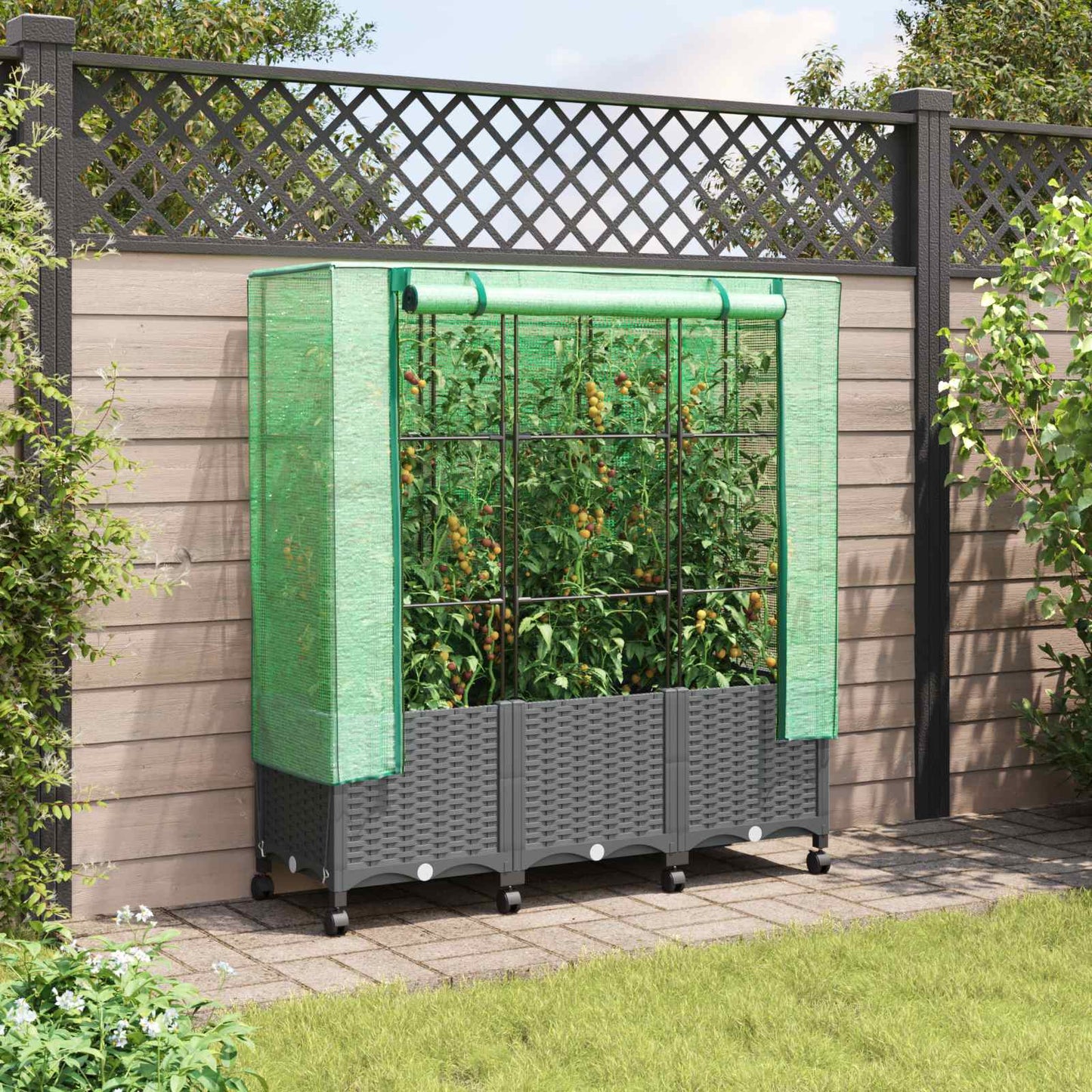Vaso da Giardino con Copertura per Serra e Ruote 3 pz PP | homemem39