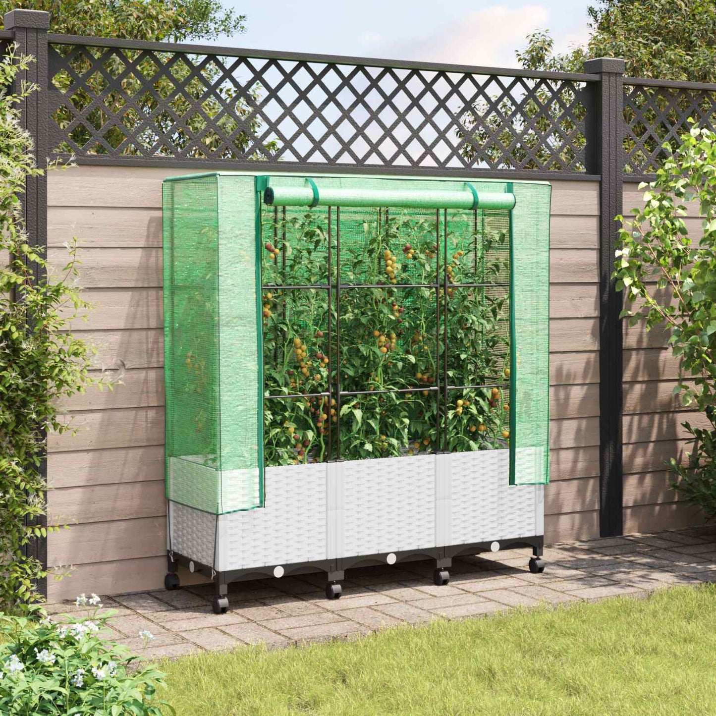 Vaso da Giardino con Copertura per Serra e Ruote 3 pz Bianco PP | homemem39