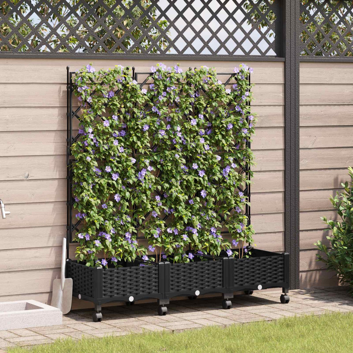 Vaso da giardino con grigliato e ruote 3 pz Nero PP | homemem39