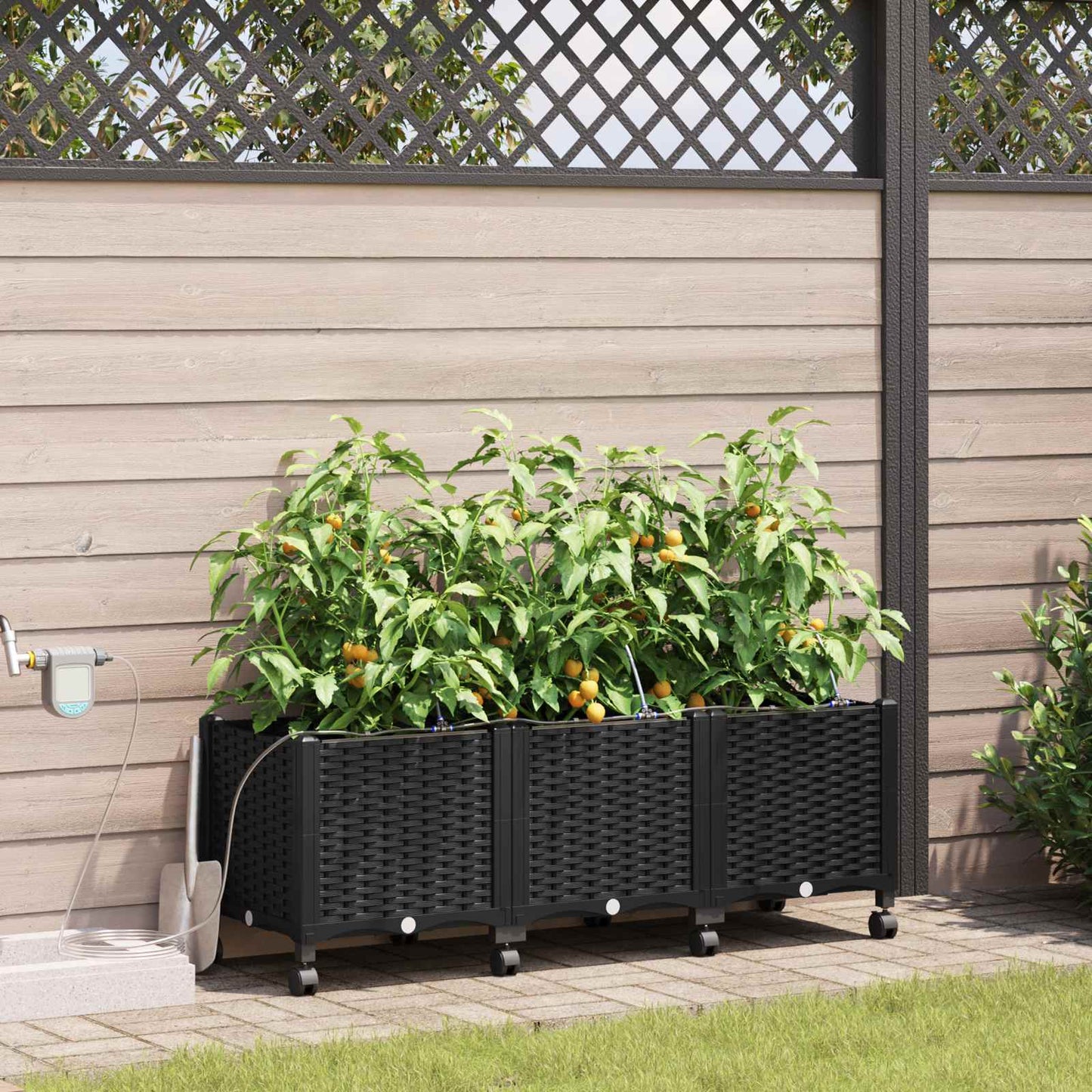 Vaso da Giardino con Irrigazione e Ruote 3 pz Nero PP | homemem39