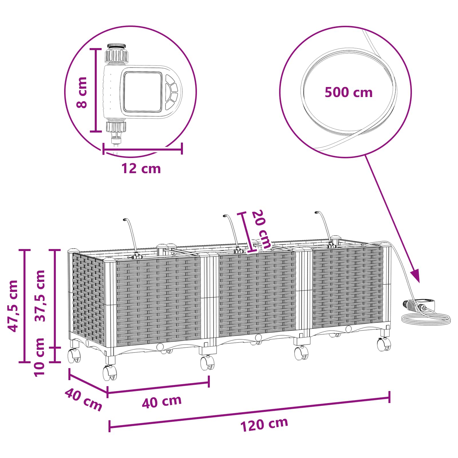 Vaso da Giardino con Irrigazione e Ruote 3 pz Grigio PP | homemem39