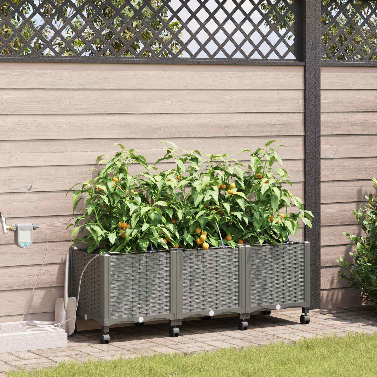 Vaso da Giardino con Irrigazione e Ruote 3 pz Grigio Chiaro PP | homemem39