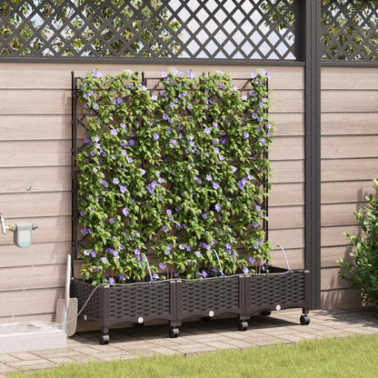 Vaso da Giardino con Irrigazione e Ruote 3 pz Marrone PP