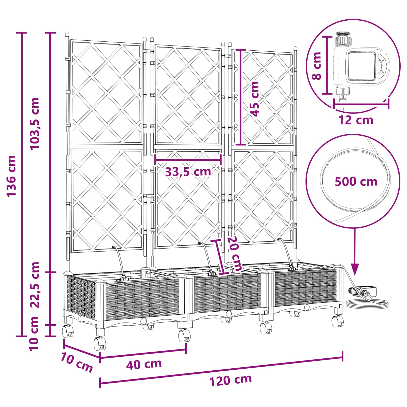 Vaso da Giardino con Irrigazione e Ruote 3 pz Grigio PP | homemem39