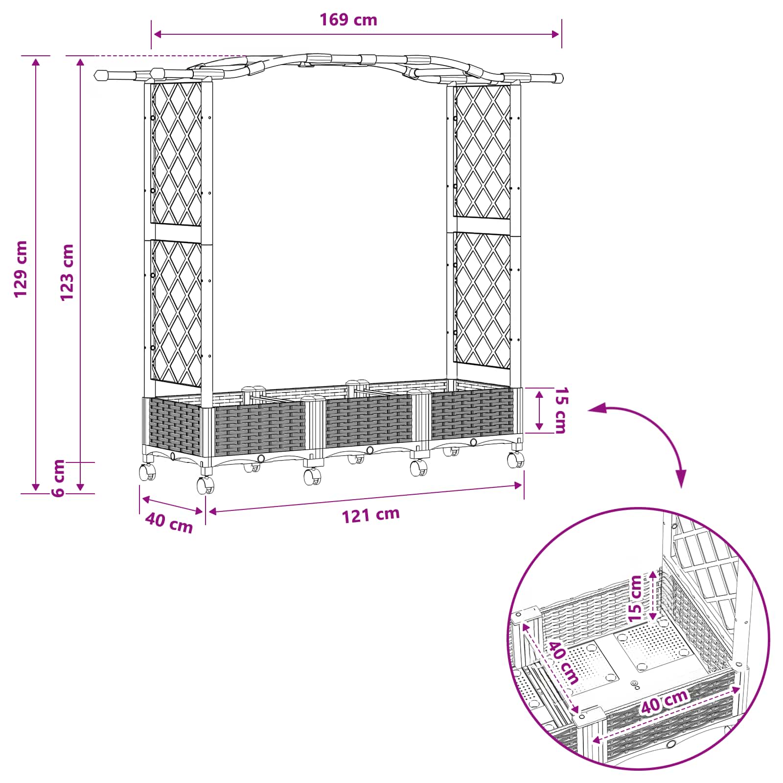 Letto rialzato con traliccio e ruote Marrone 169 x 40 x 129 cm | homemem39