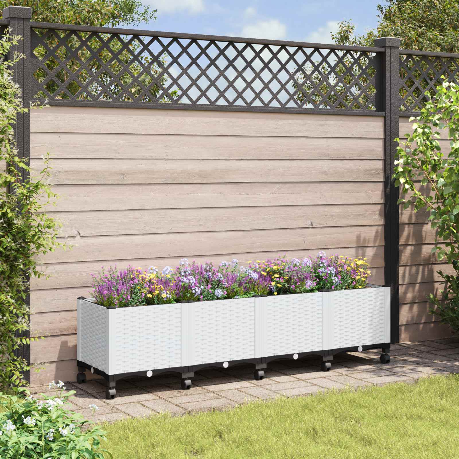 Vaso da Giardino con Ruote Bianco 160 x 40 x 48 cm PP | homemem39