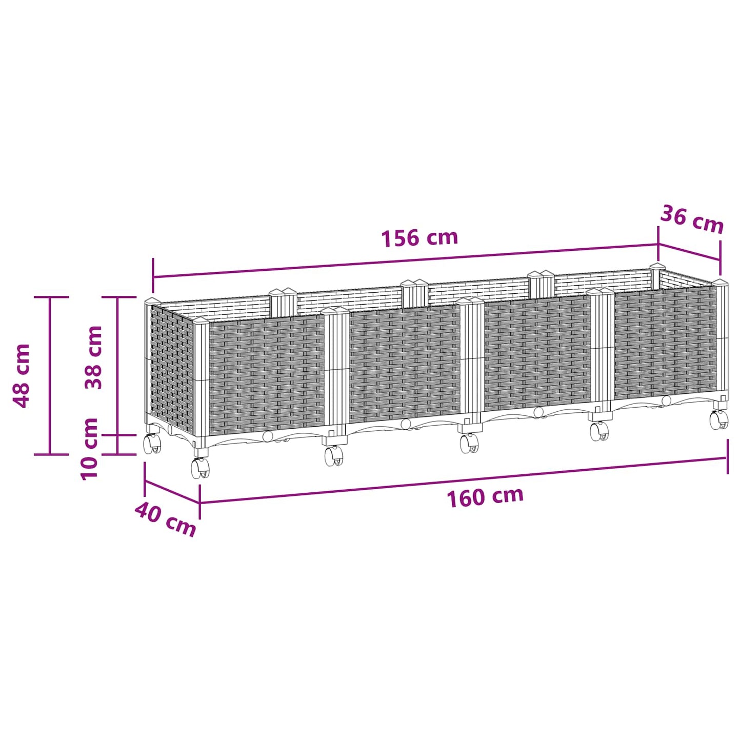 Vaso da Giardino con Ruote Bianco 160 x 40 x 48 cm PP | homemem39