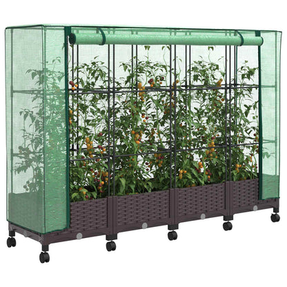 Vaso da Giardino con Copertura per Serra e Ruote 4 pz Marrone | homemem39