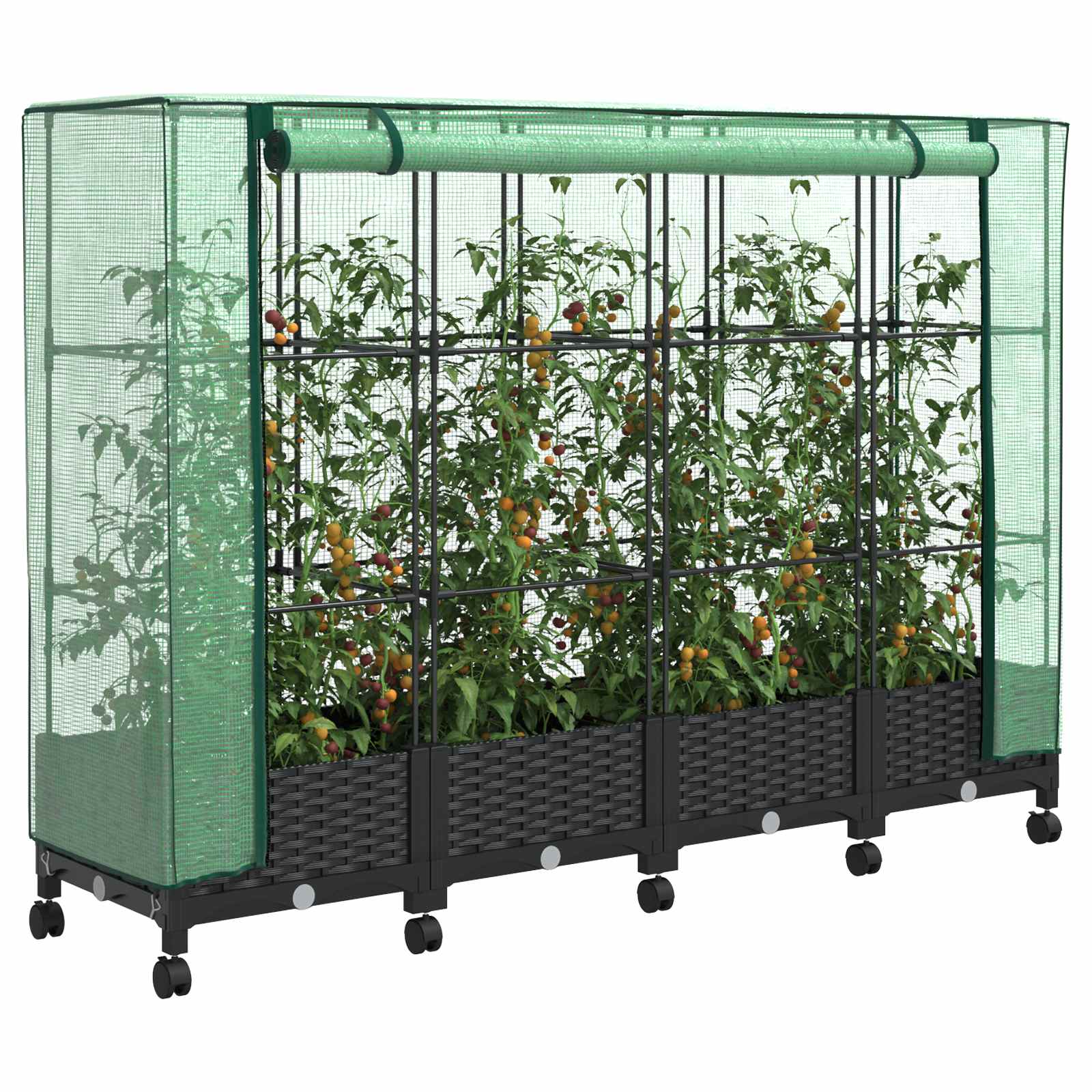 Vaso da Giardino con Copertura per Serra e Ruote 4 pz Nero PP | homemem39
