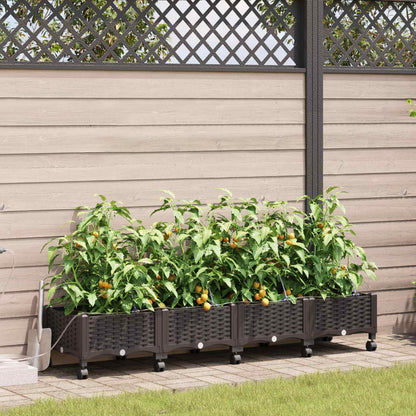 Vaso da Giardino con Irrigazione e Ruote 4 pz Marrone PP