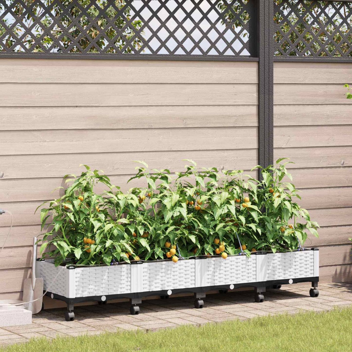 Vaso da Giardino con Irrigazione e Ruote 4 pz Bianco PP | homemem39
