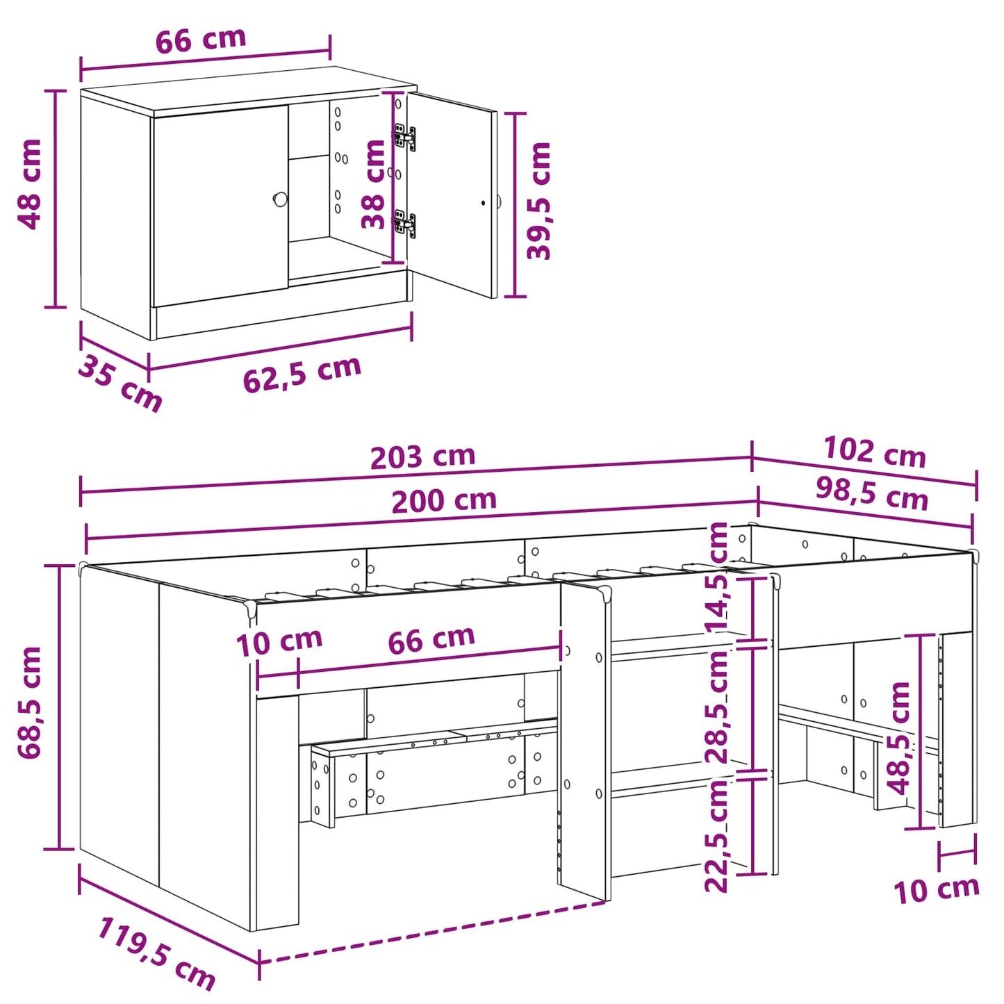 Struttura Letto Loft con Armadietto con porta 3 pz Bianco