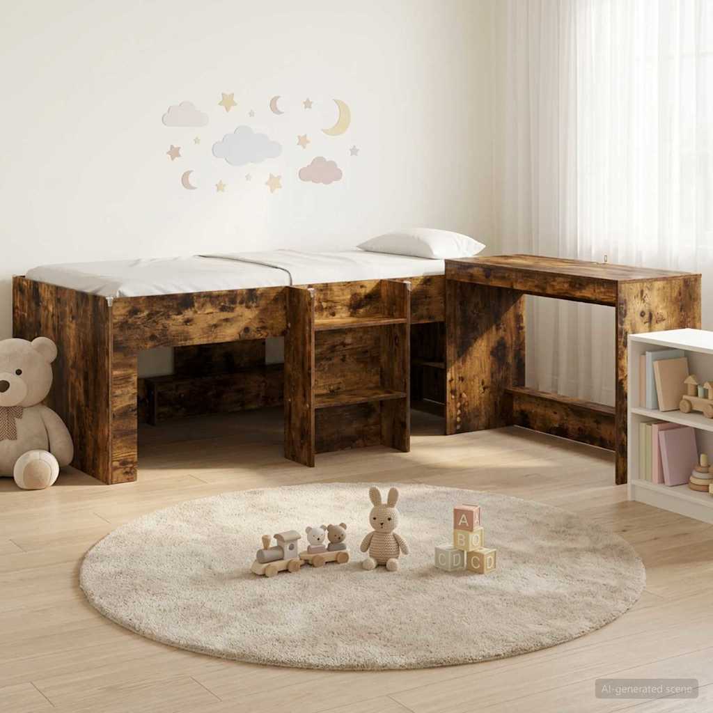 Letto alto per bambini con scrivania 2 pz Rovere Fumo