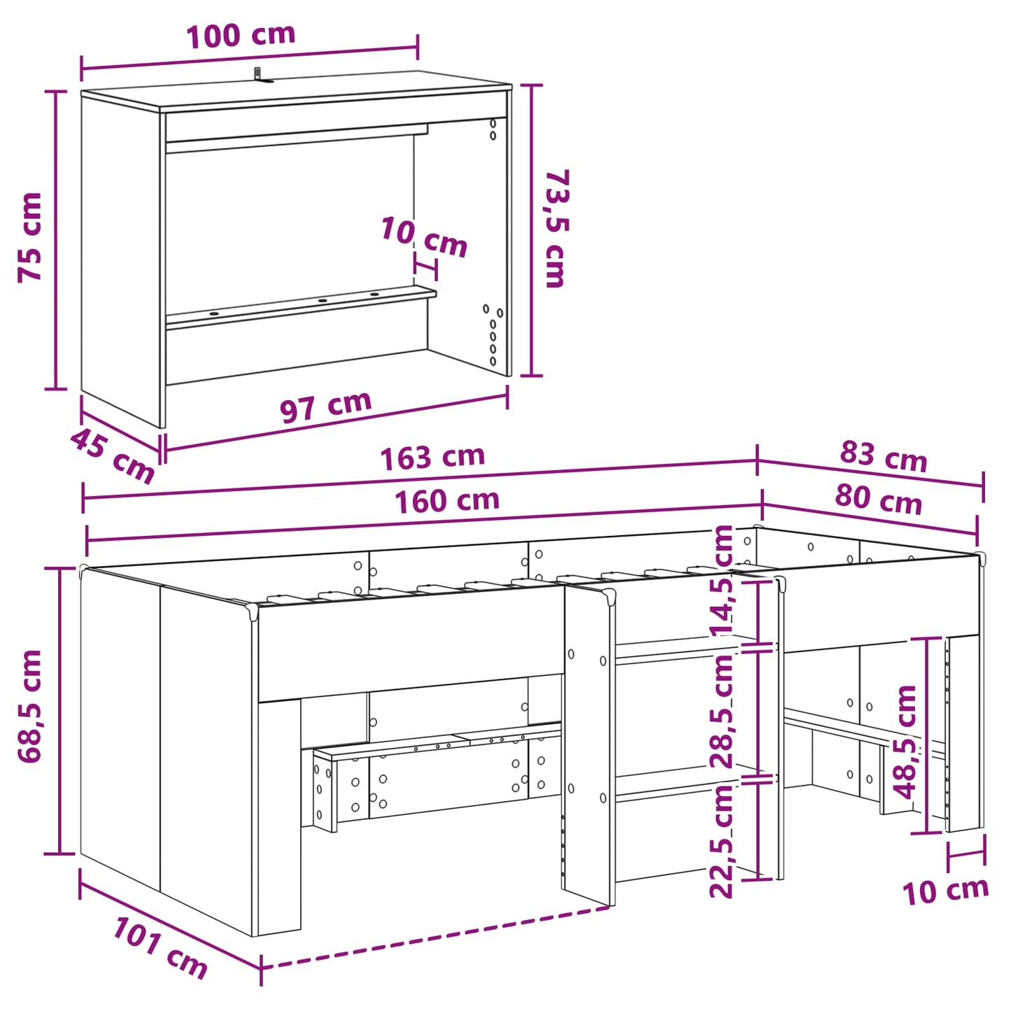 Letto alto per bambini con scrivania 2 pz Sonoma grigio | homemem39