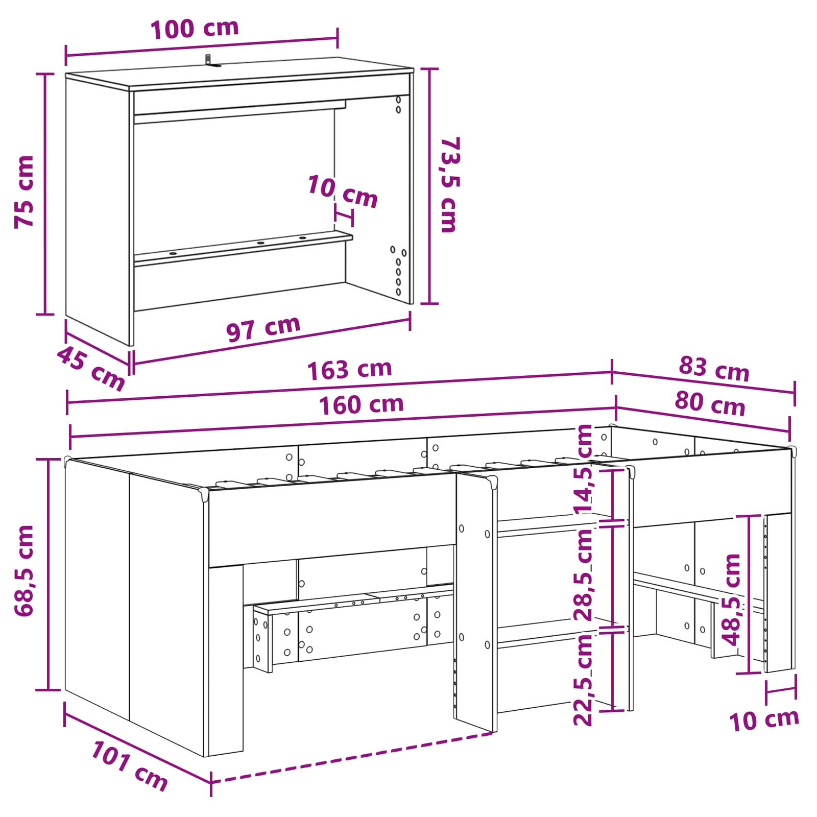 Letto alto per bambini con scrivania 2 pz Sonoma grigio | homemem39