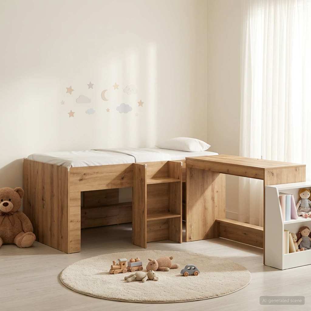 Letto alto per bambini con scrivania 2 pz Rovere Artigianale | homemem39