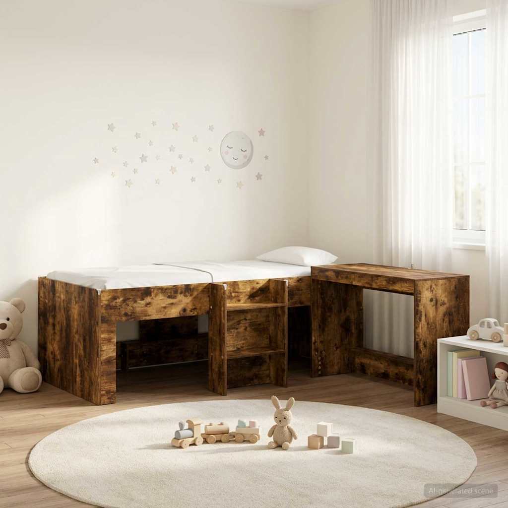 Letto alto per bambini con scrivania 2 pz Rovere Fumo