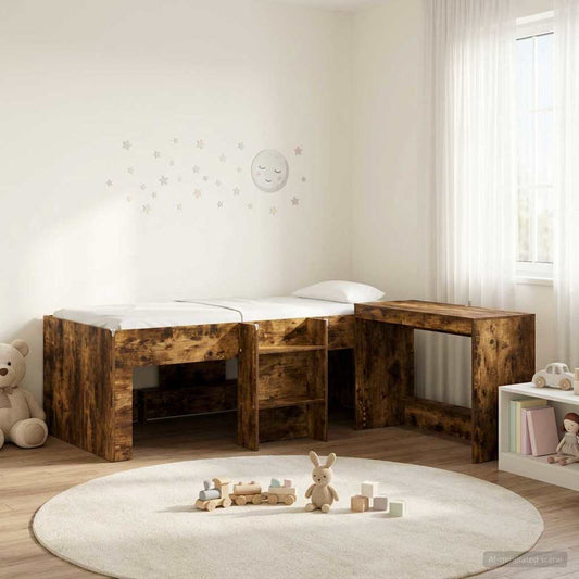 Letto alto per bambini con scrivania 2 pz Rovere Fumo