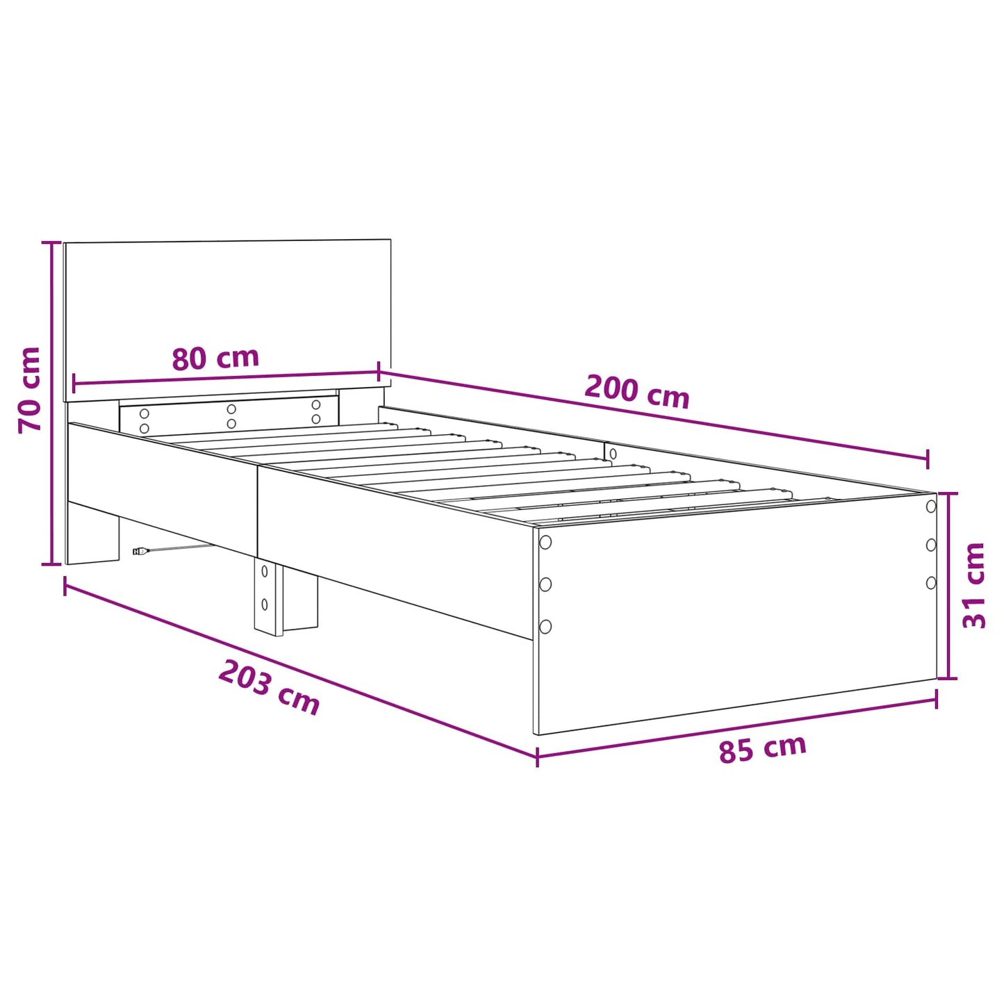Letto con LED Legno antico 80 x 200 cm Legno ingegnerizzato | homemem39