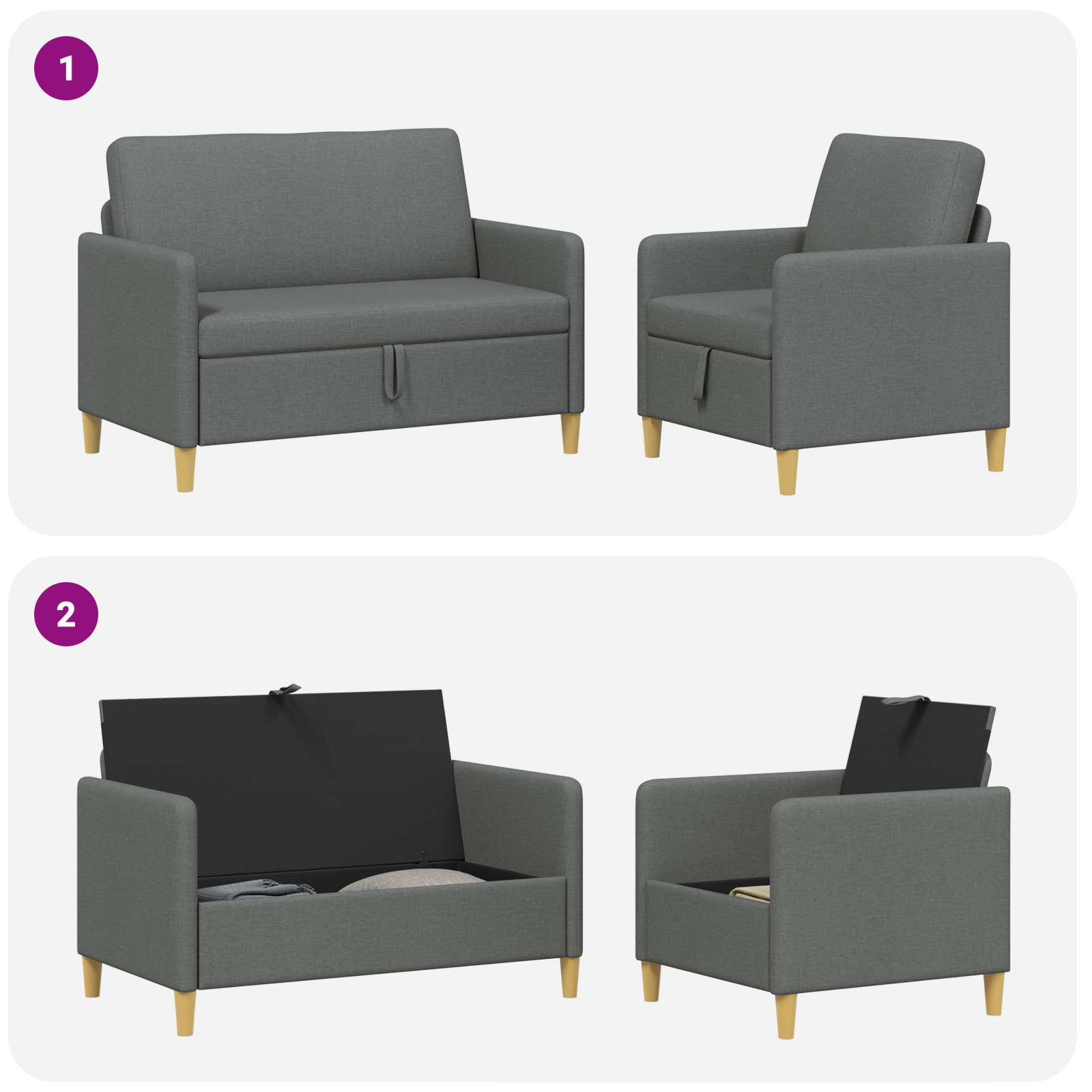 Set di Divani con Storage 2 pcs Grigio Scuro Poliestere | homemem39