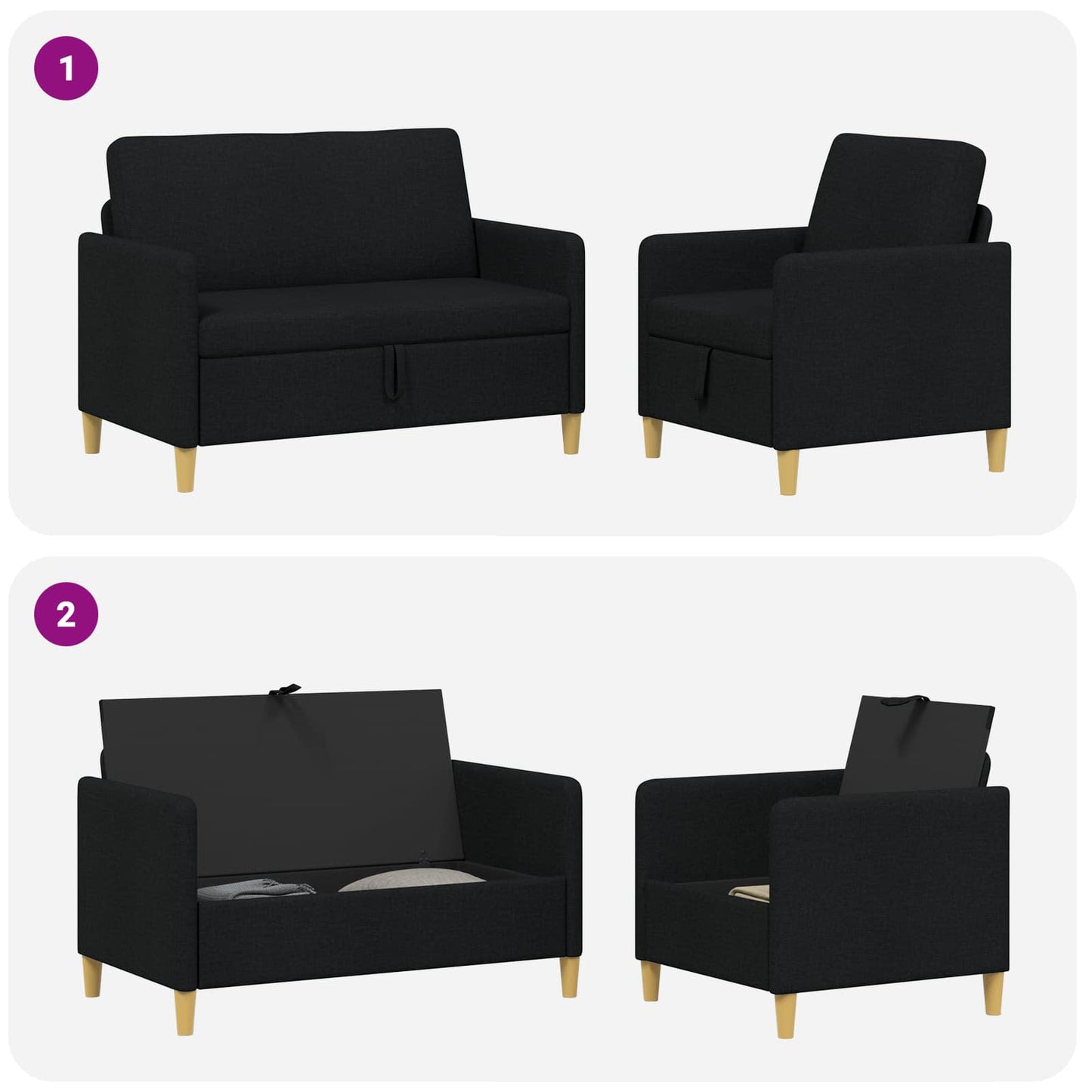 Set di Divani con Storage 2 pcs Nero Poliestere | homemem39