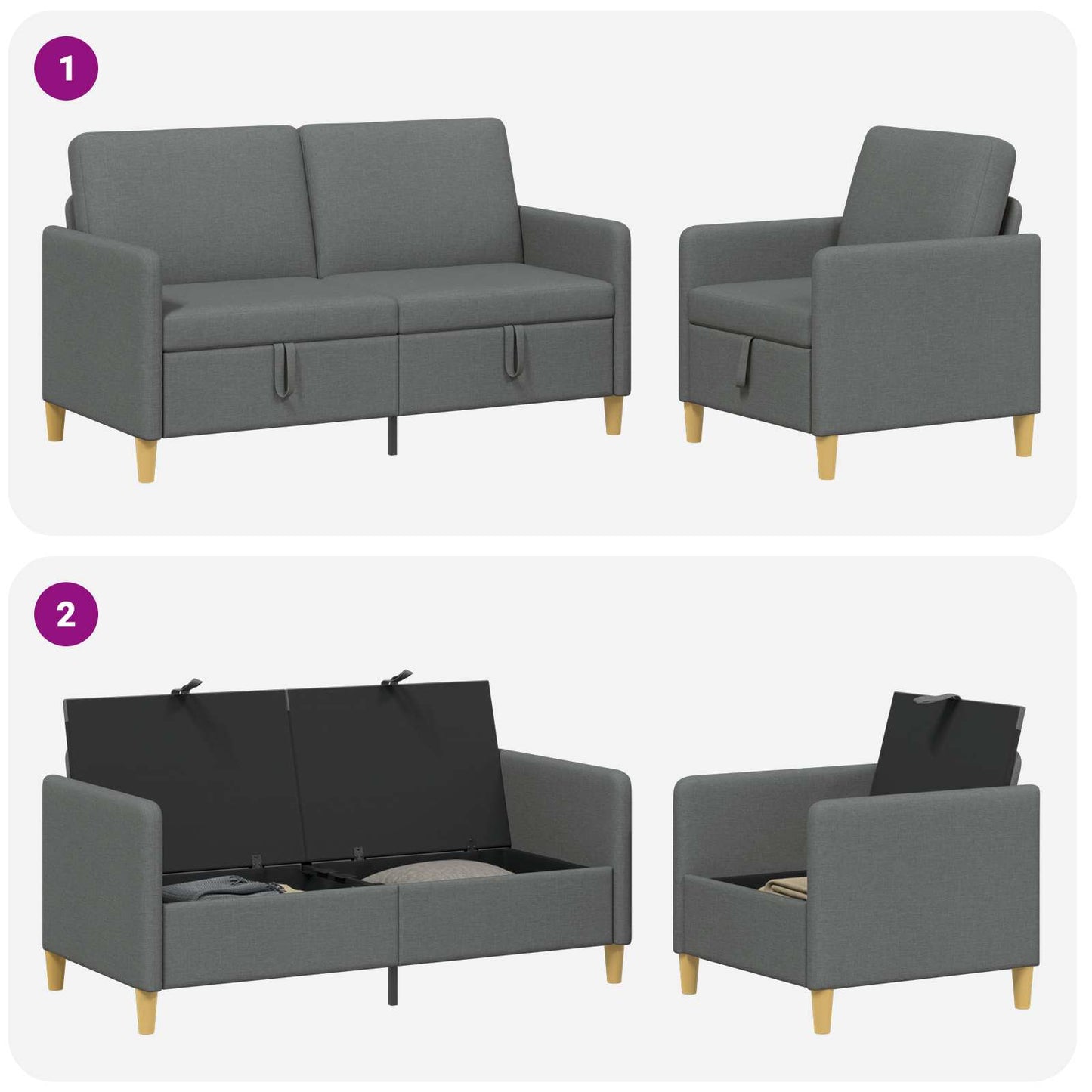 Set di Divani con Storage 2 pz Grigio Scuro Poliestere