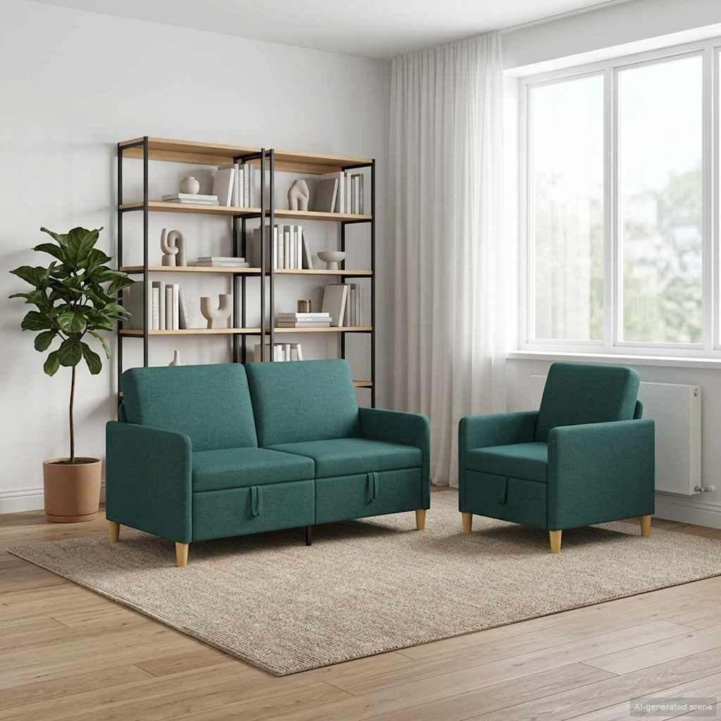 Set di Divani con Storage 2 pz Verde Scuro Poliestere