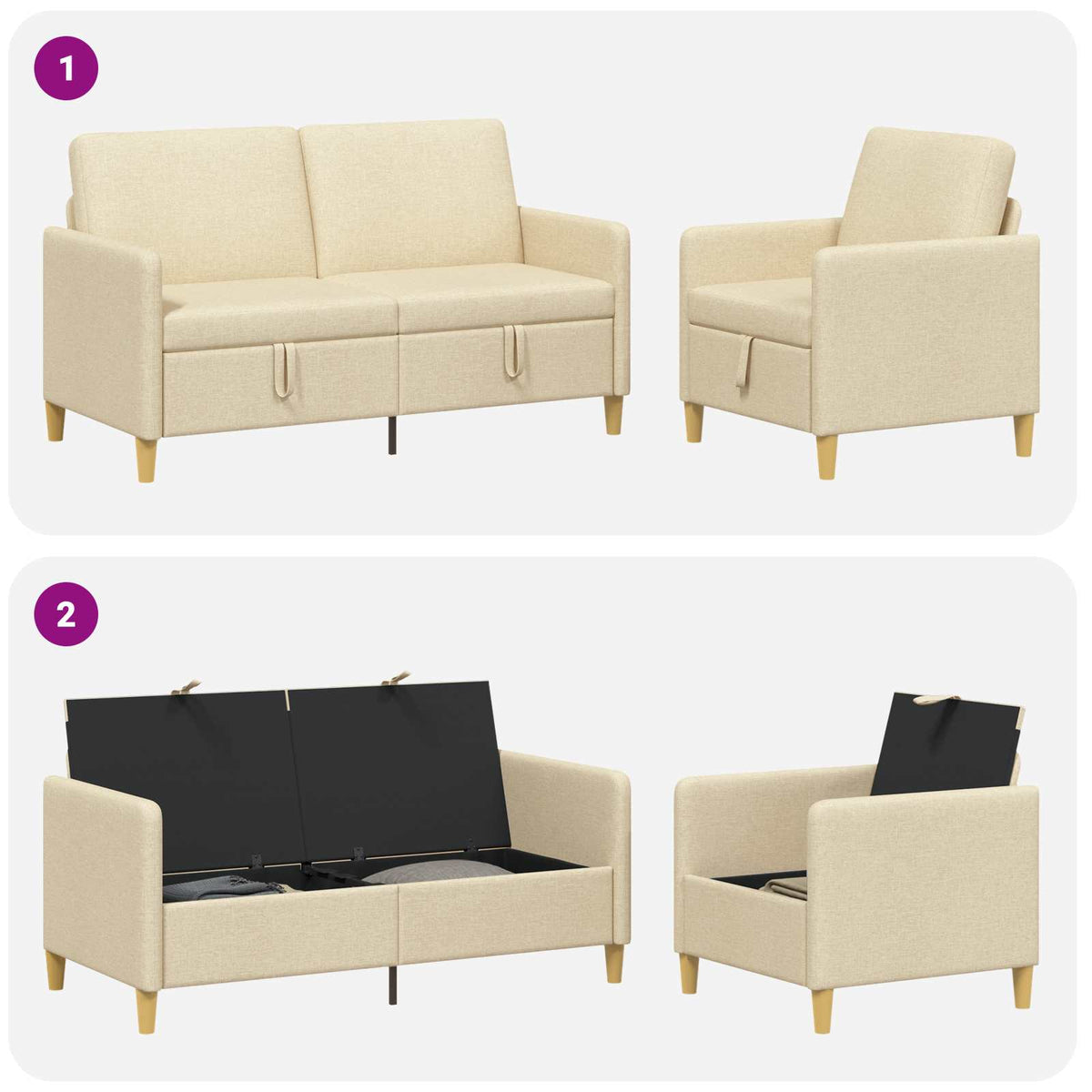 Set di Divani con Storage 2 pz Crema Poliestere