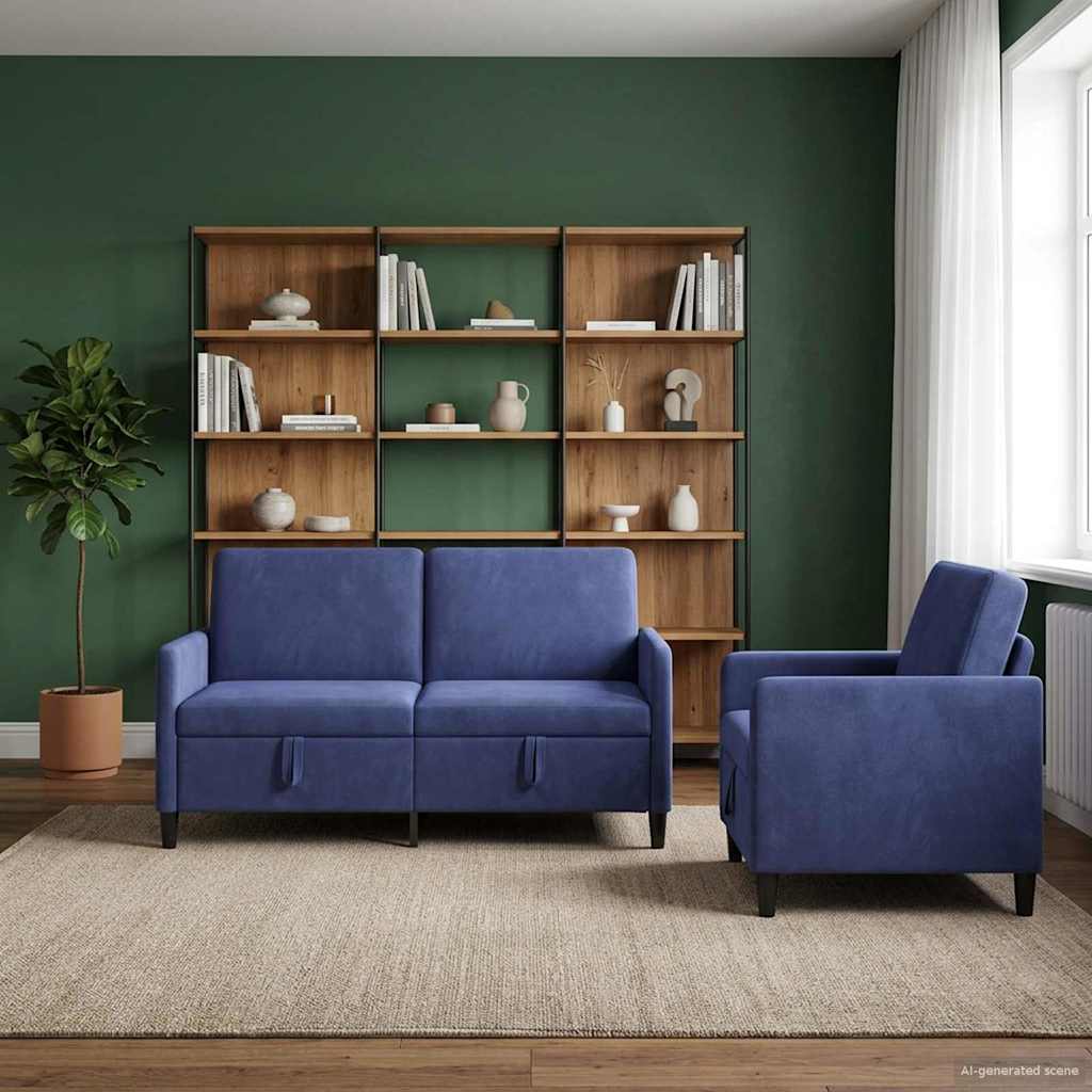 Set di Divani con Storage 2 pz Blu Polizia Poliestere