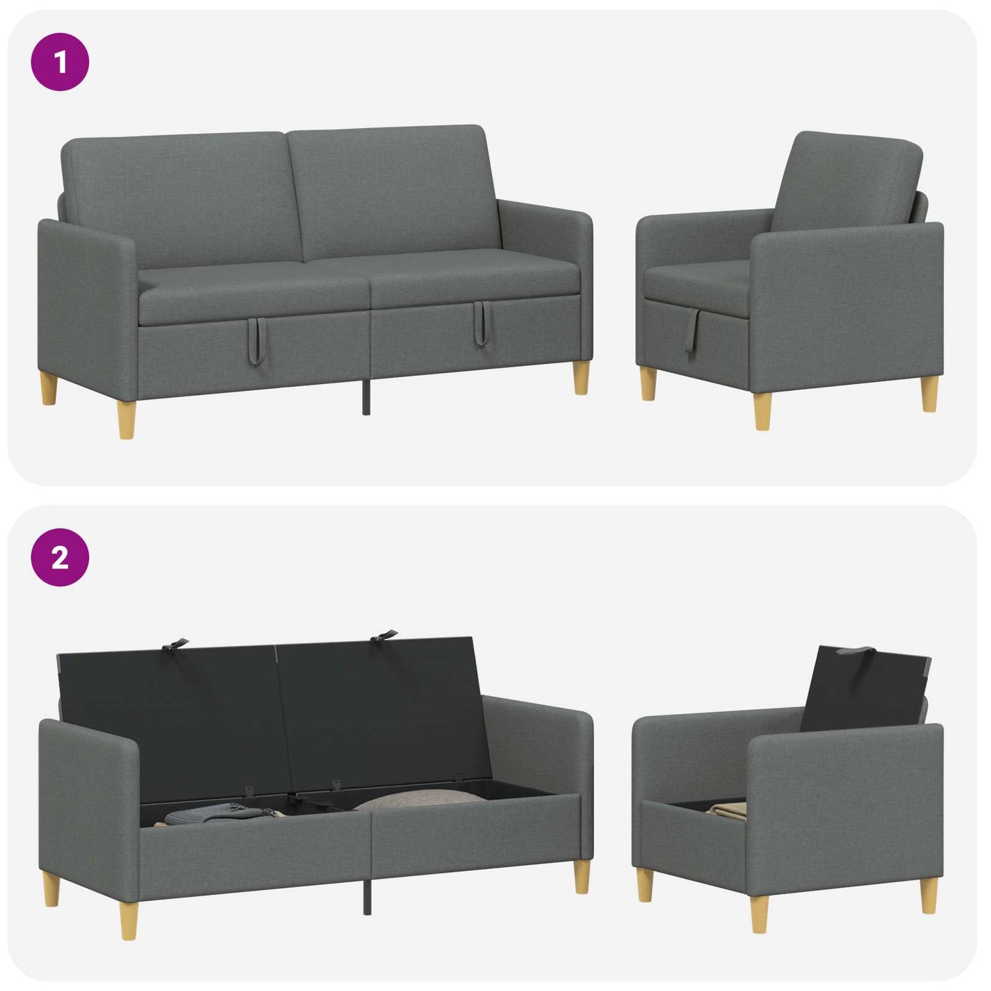 Set di Divani con Storage 2 pz Grigio Scuro Poliestere