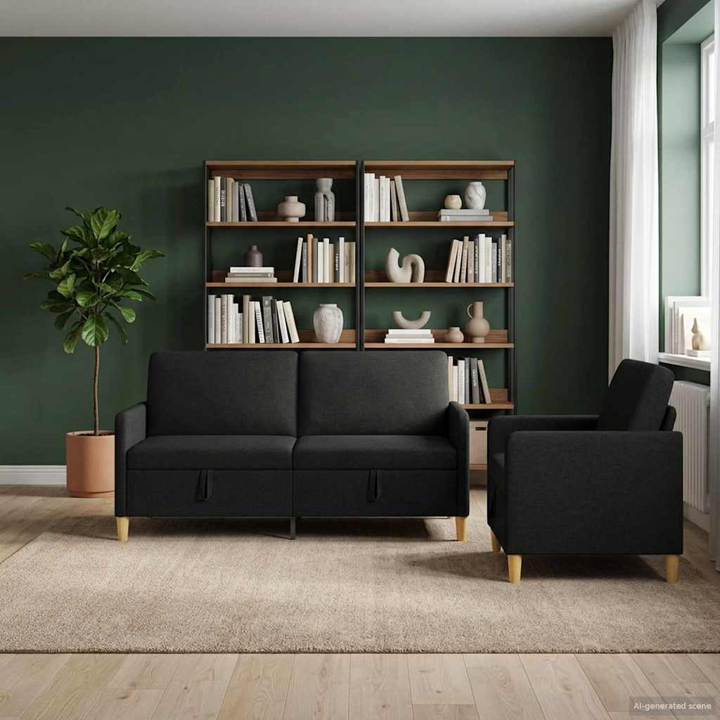 Set di Divani con Storage 2 pz Nero Poliestere