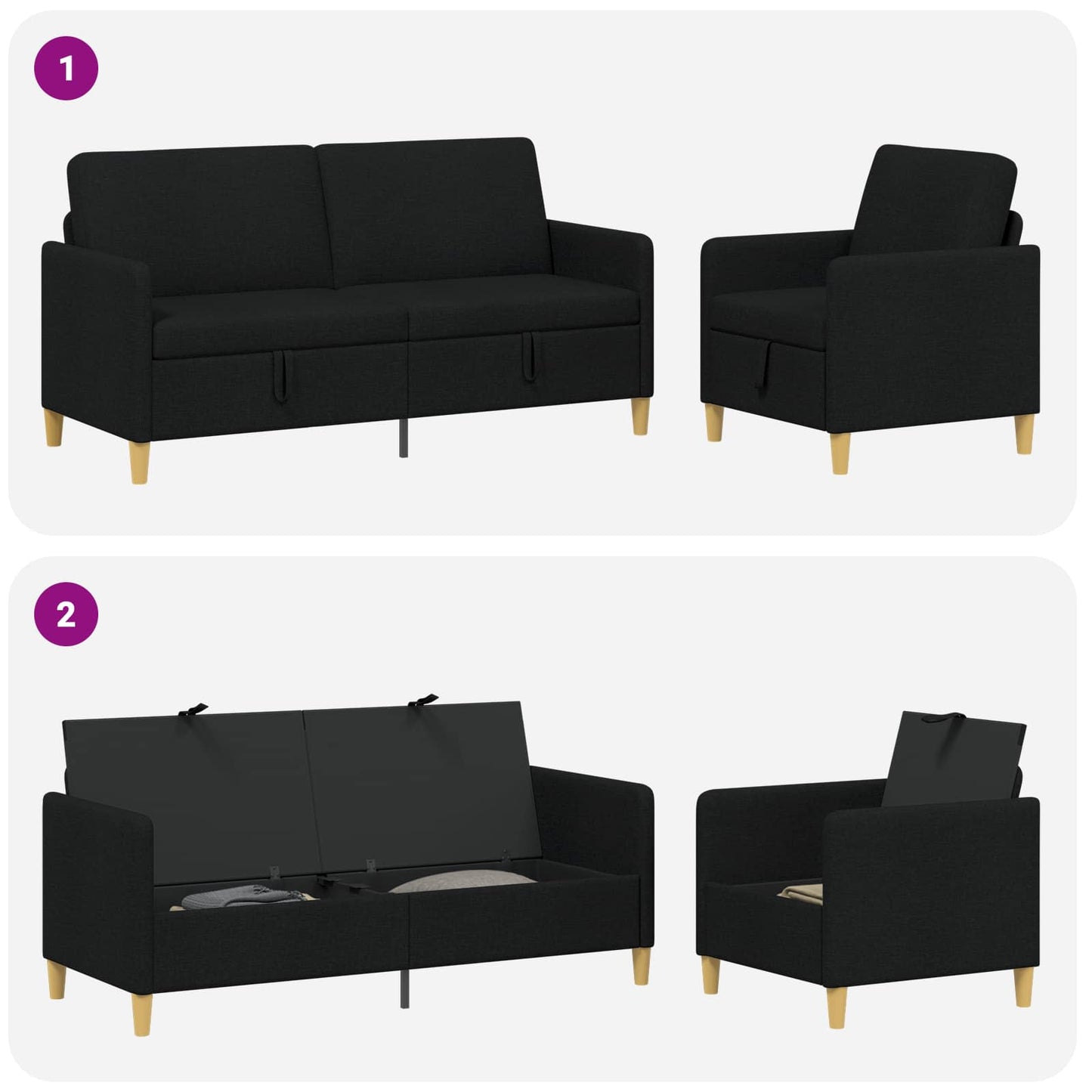Set di Divani con Storage 2 pz Nero Poliestere