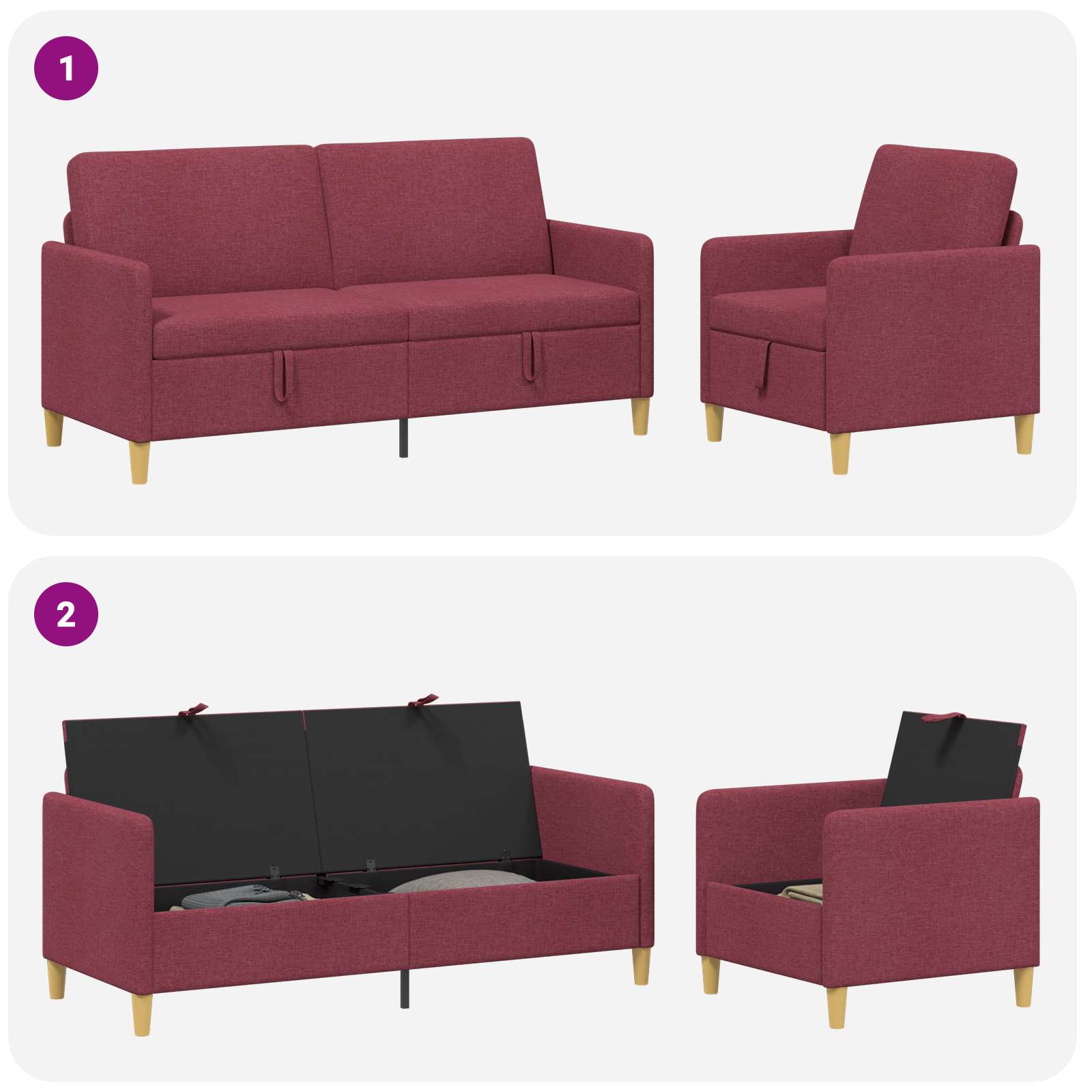 Set di Divani con Storage 2 pcs Rosso Vino Poliestere | homemem39
