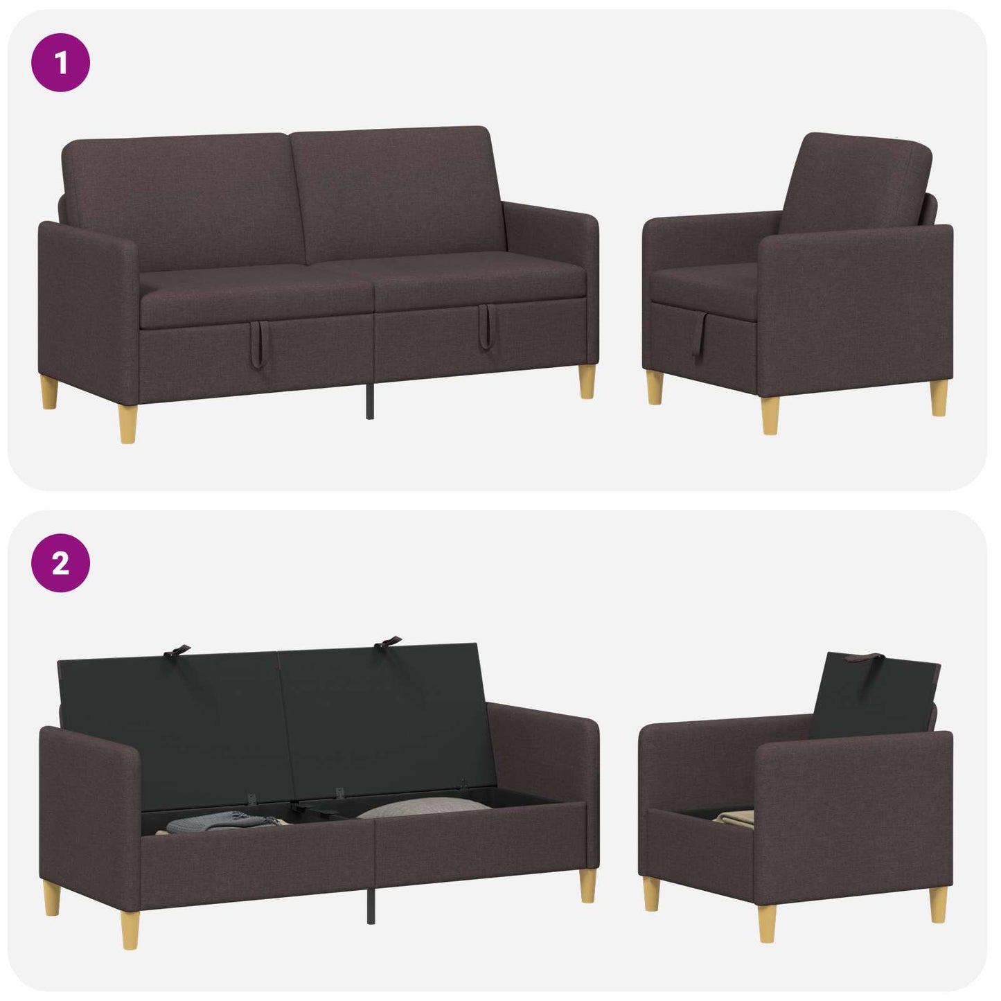 Set di Divani con Storage 2 pz Marrone Scuro Poliestere