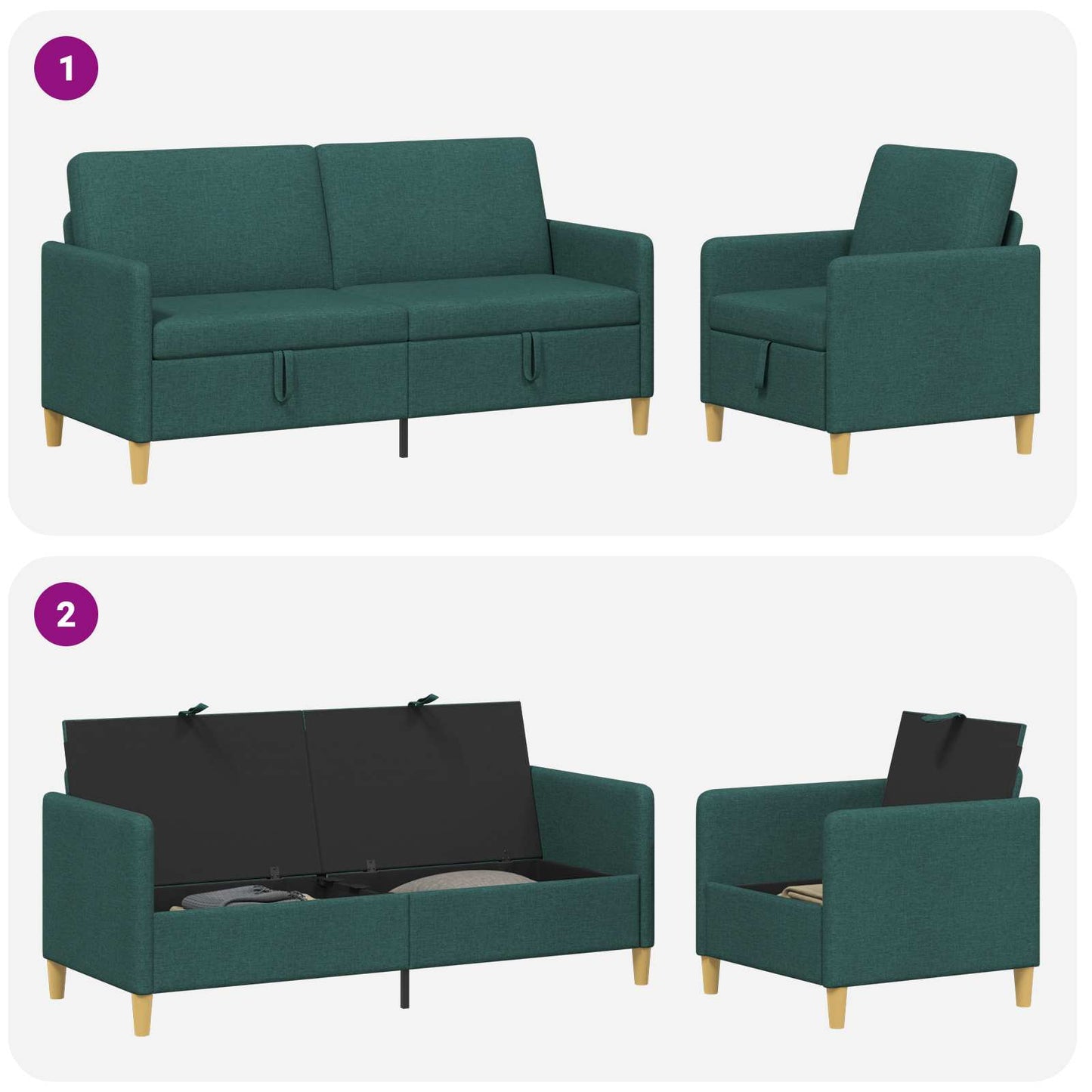 Set di Divani con Storage 2 pz Verde Scuro Poliestere